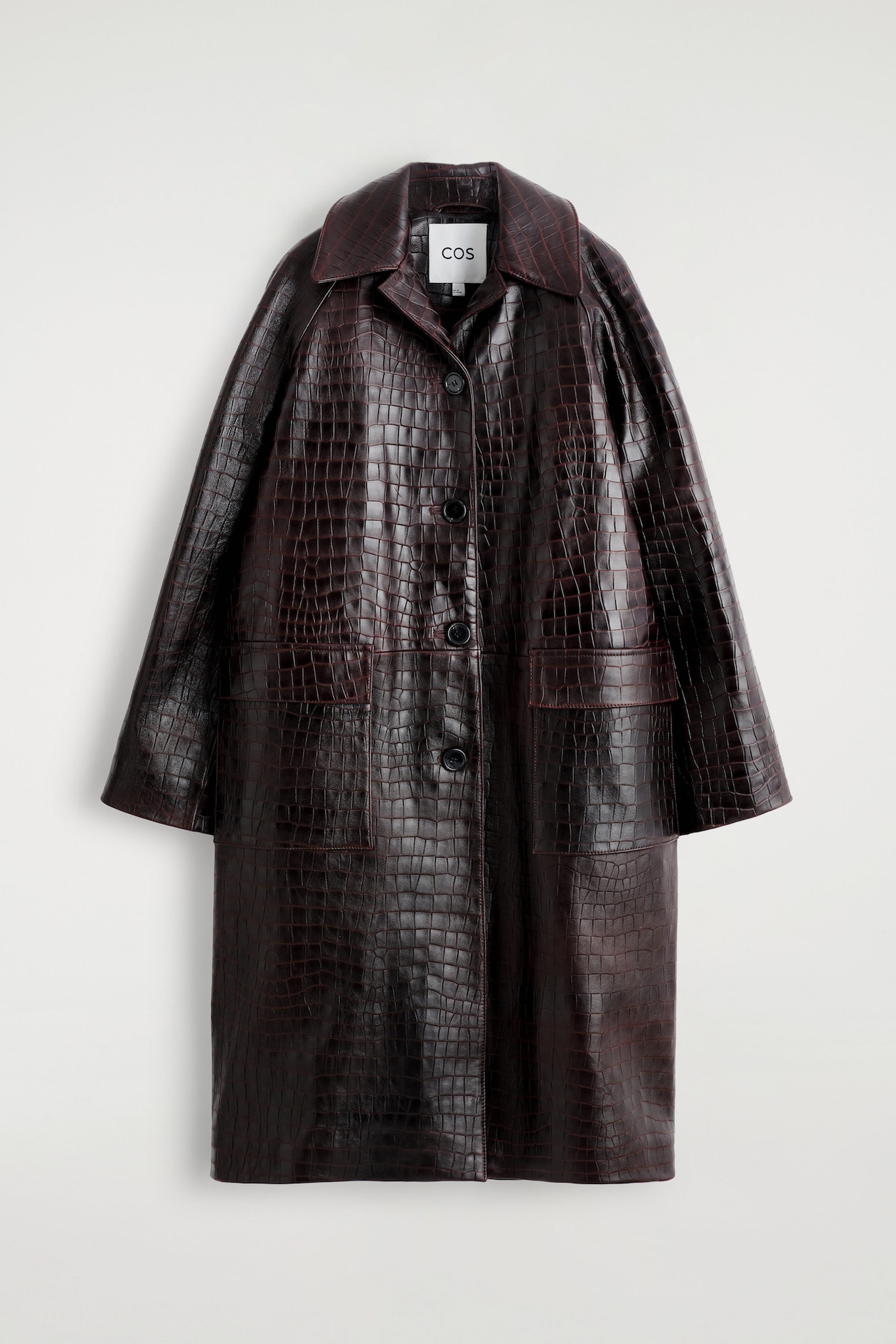 CROC-EFFECT LEATHER LONG COAT — DARK BROWN