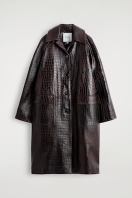 CROC-EFFECT LEATHER LONG COAT — DARK BROWN 3