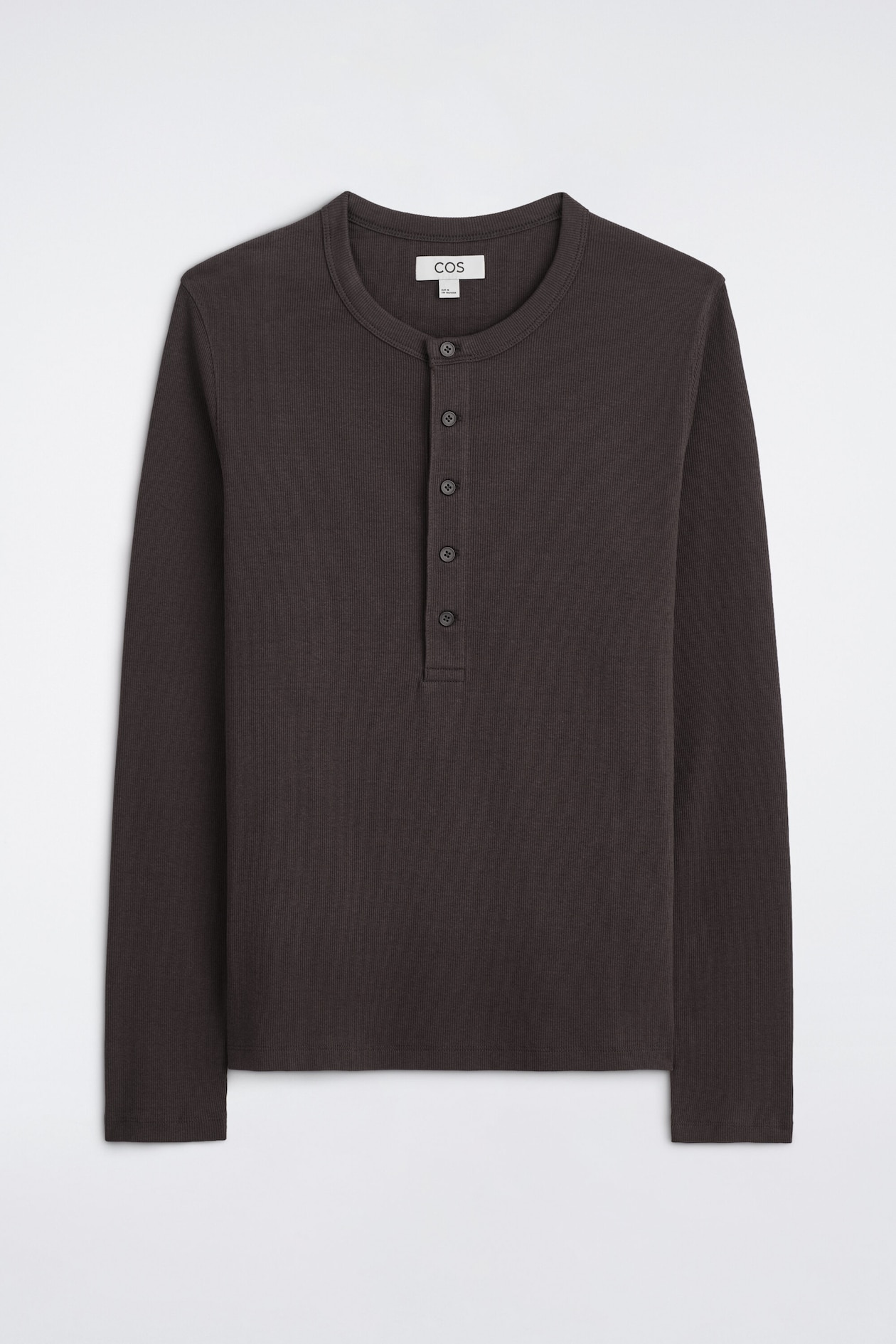 SLIM RIBBED COTTON LONG-SLEEVED HENLEY T-SHIRT — CHOCOLATE