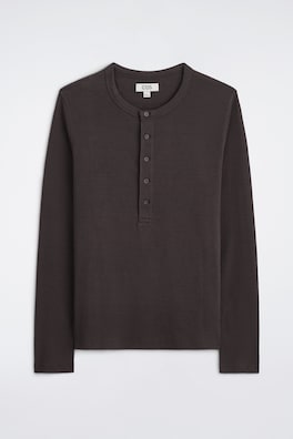 SLIM RIBBED COTTON LONG-SLEEVED HENLEY T-SHIRT — CHOCOLATE 7