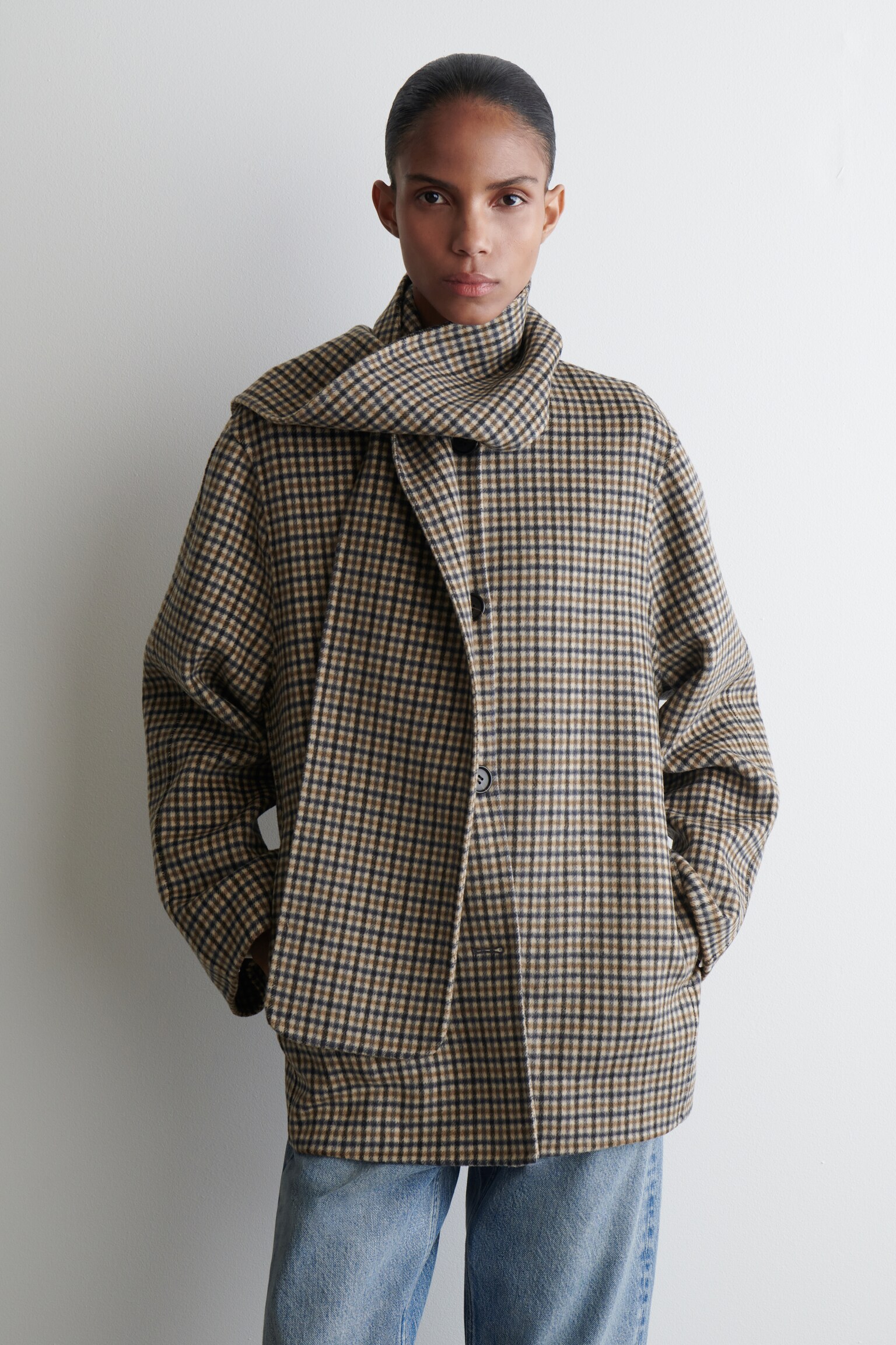 KURZJACKE AUS DOUBLEFACE-WOLLE MIT SCHAL - BEIGE/KARIERT/SCHWARZ/GRAU - 3