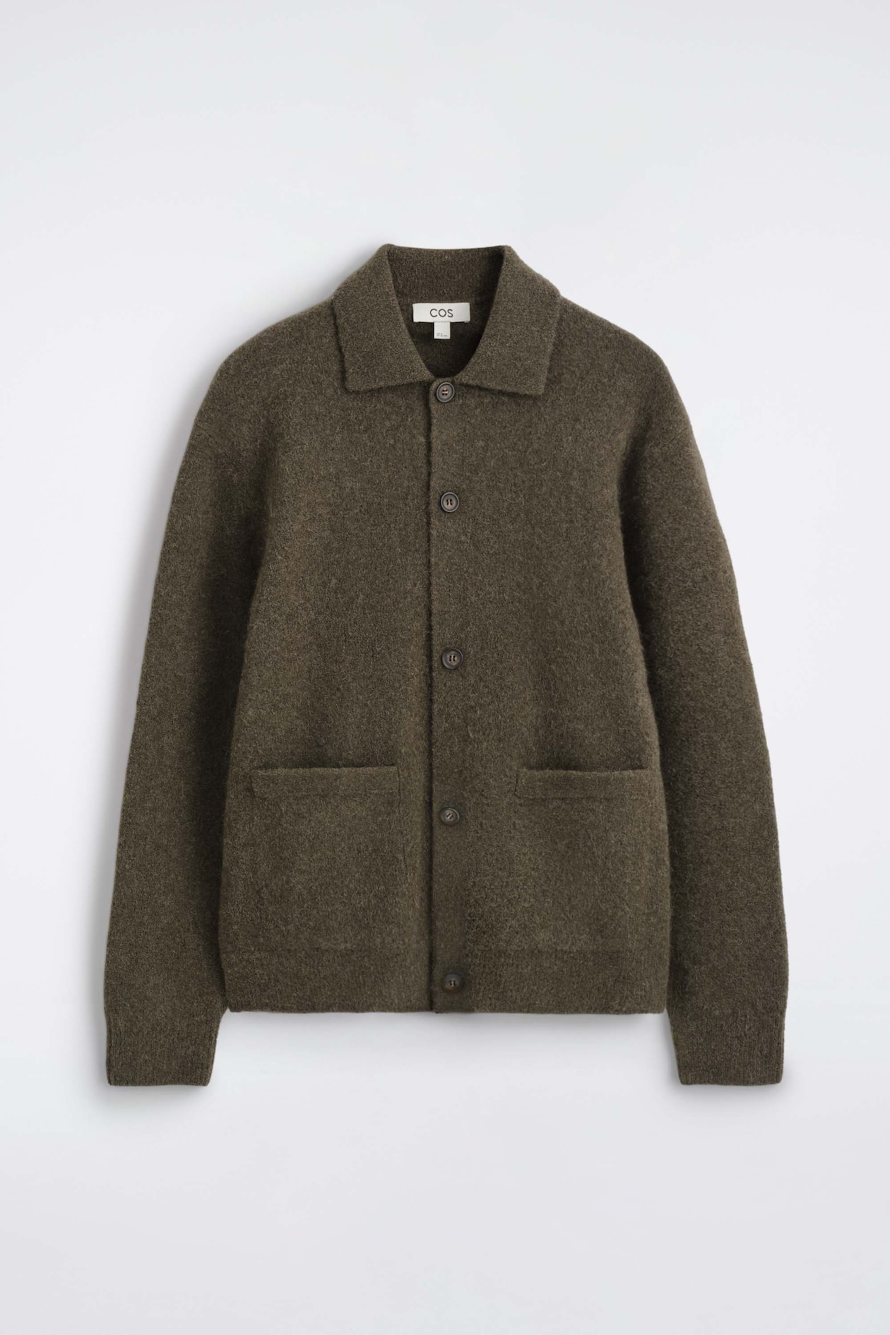 A textured collared cardigan is shown front-facing, featuring a soft, fuzzy knit in a dark olive green hue. It features a spread collar, a five-button front closure, two front welt pockets, and ribbed cuffs.