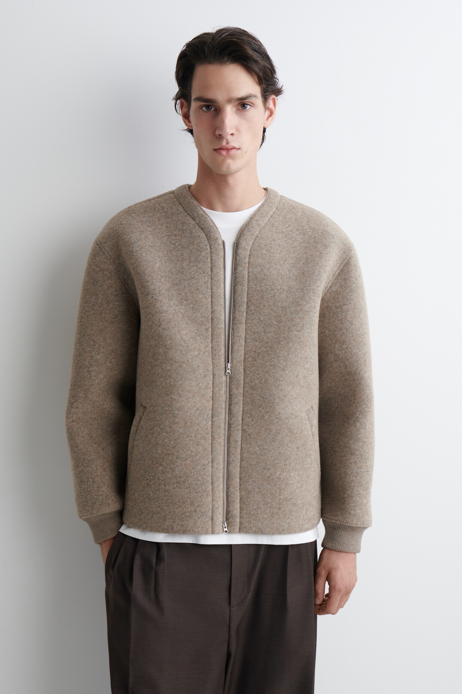 OVERSIZED FELTED-SCUBA ZIP-UP CARDIGAN - BEIGE