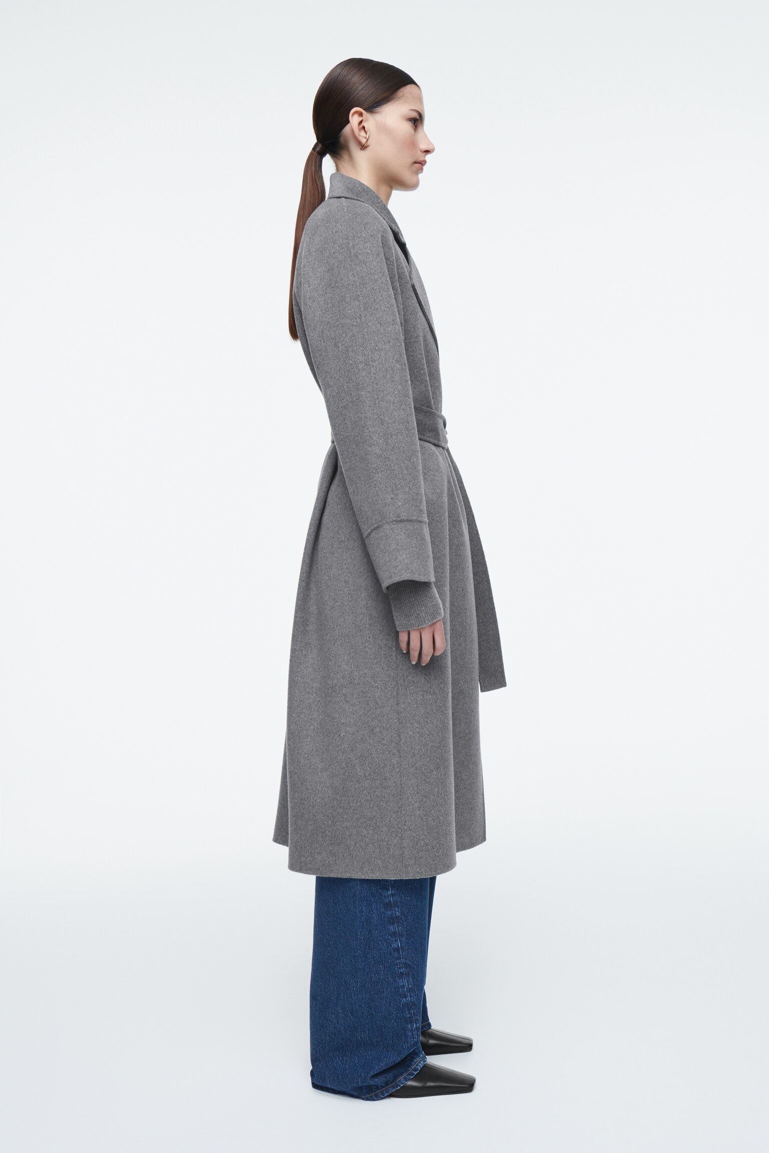 BELTED DOUBLE-FACED WOOL LONG COAT - GREY/BLACK - 8