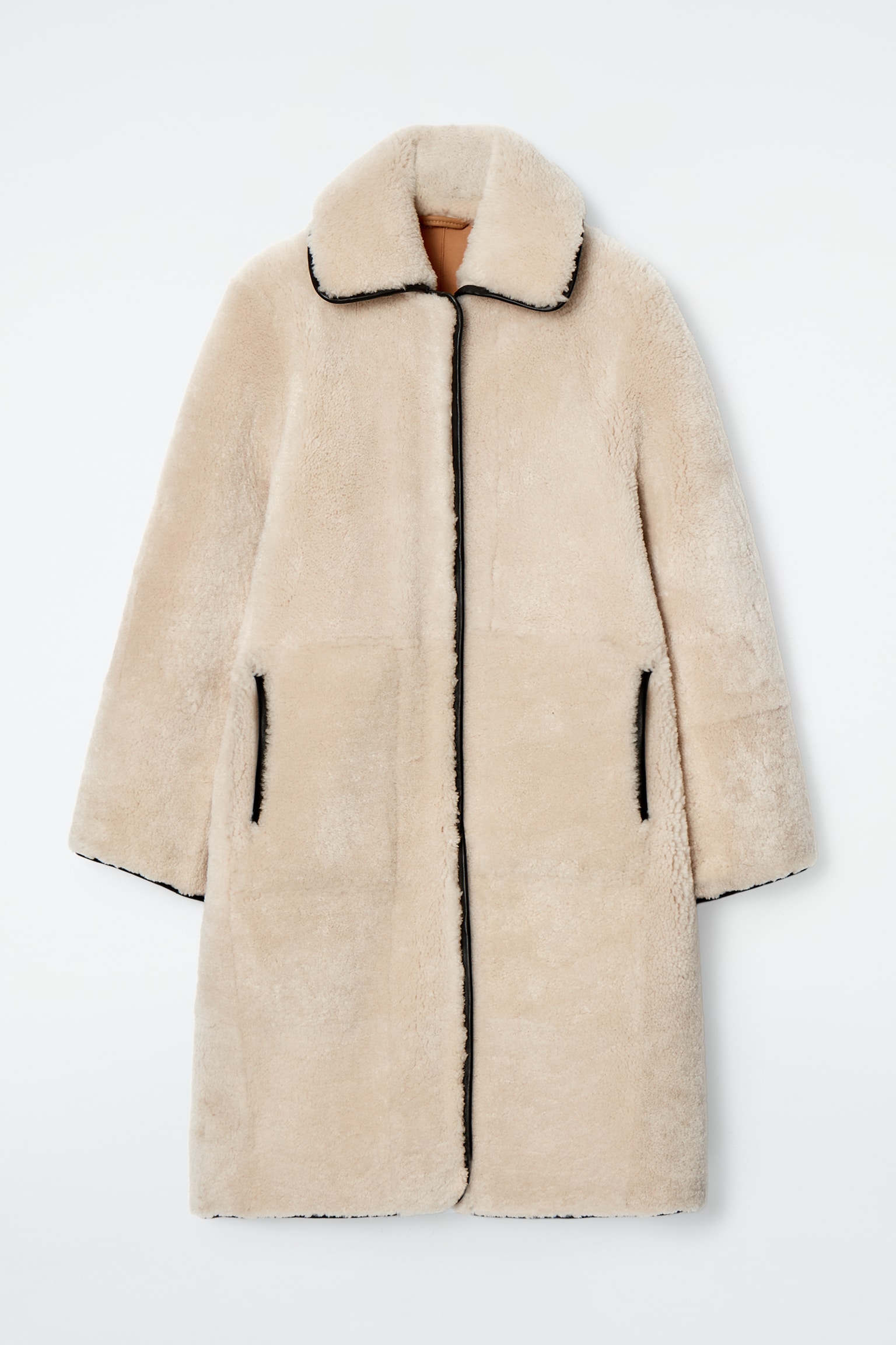 LEATHER-TRIMMED SHEARLING LONG COAT - CREAM - 2
