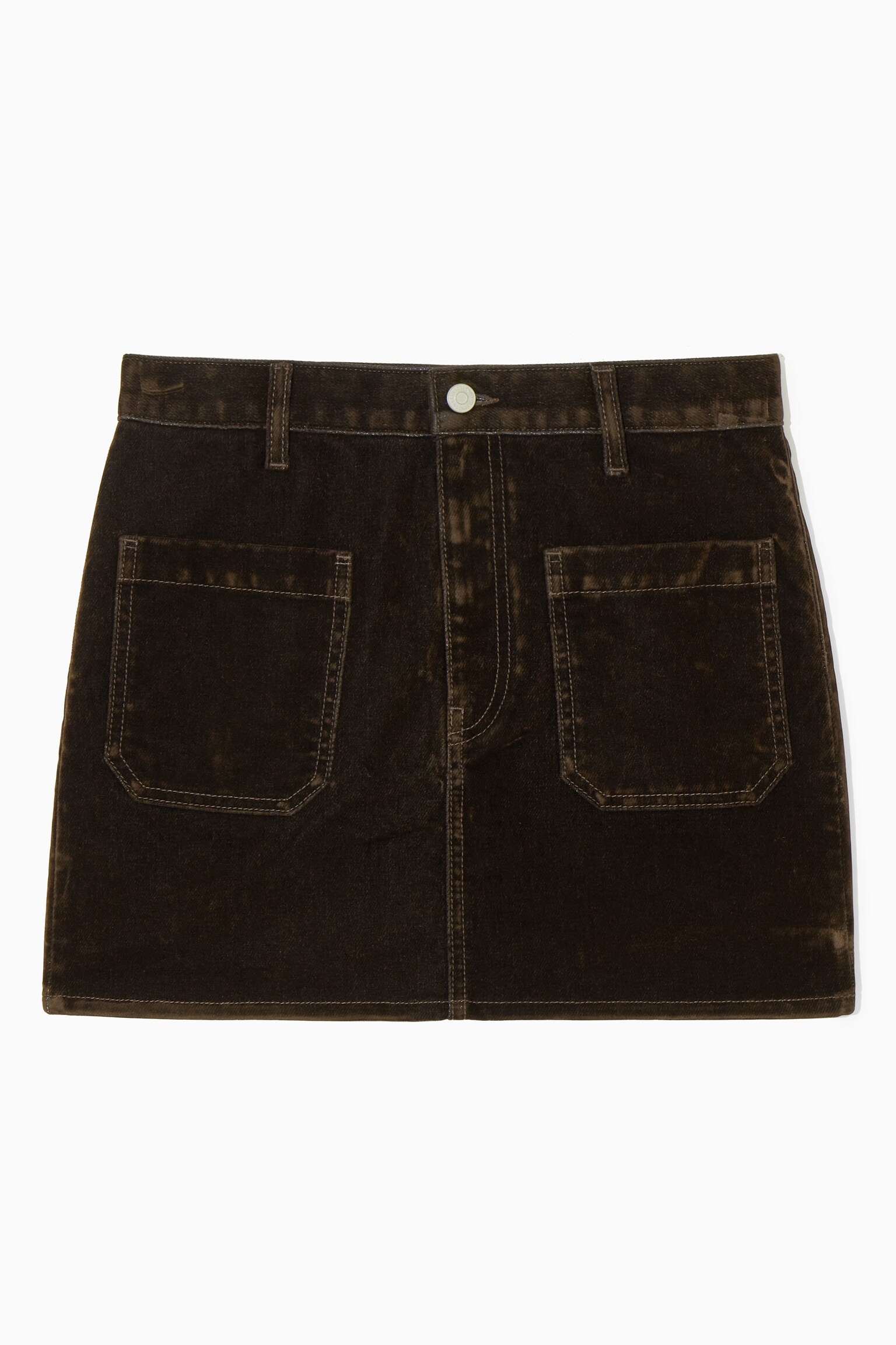FLOCKED-DENIM MINI SKIRT - DARK BROWN