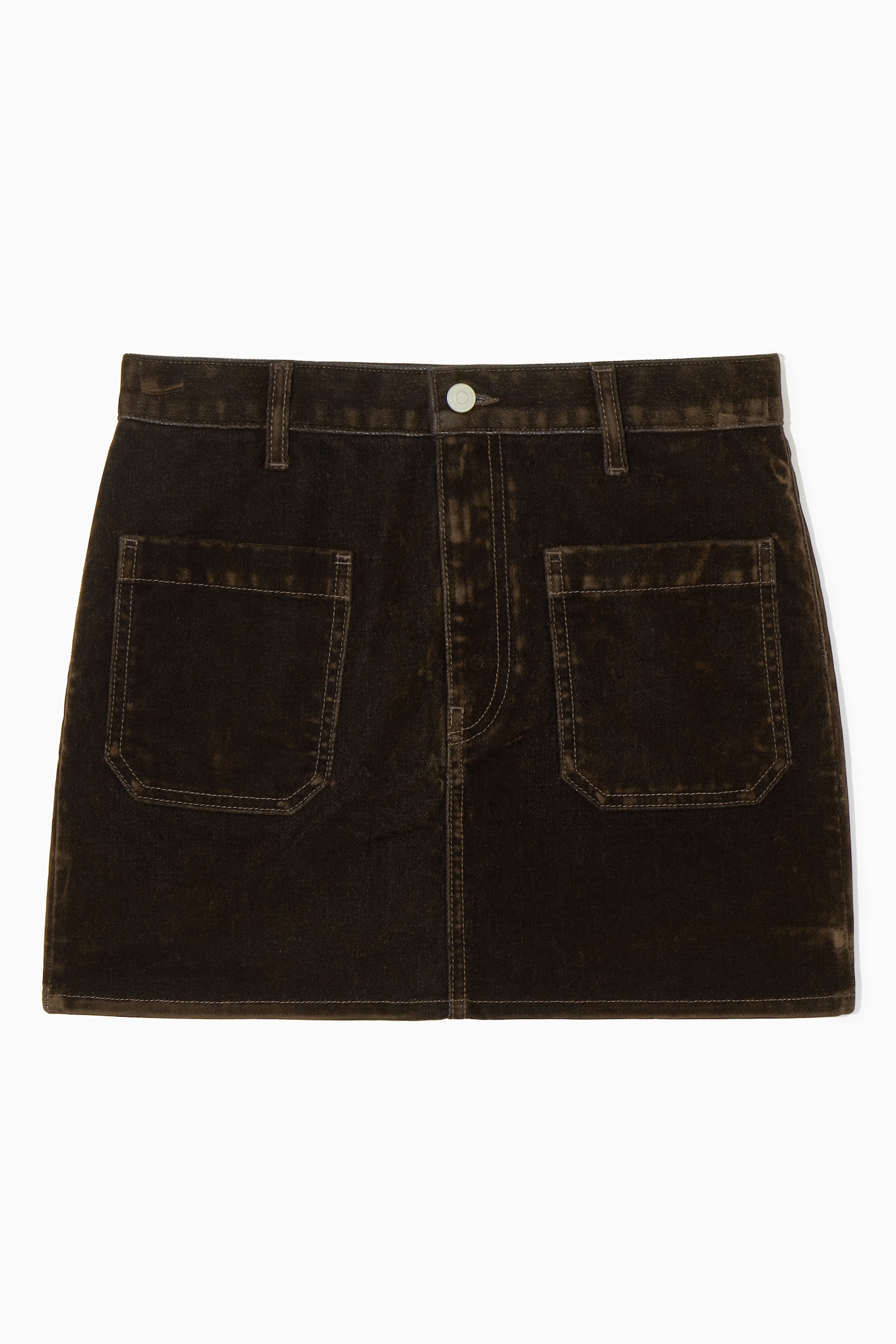 FLOCKED-DENIM MINI SKIRT - DARK BROWN