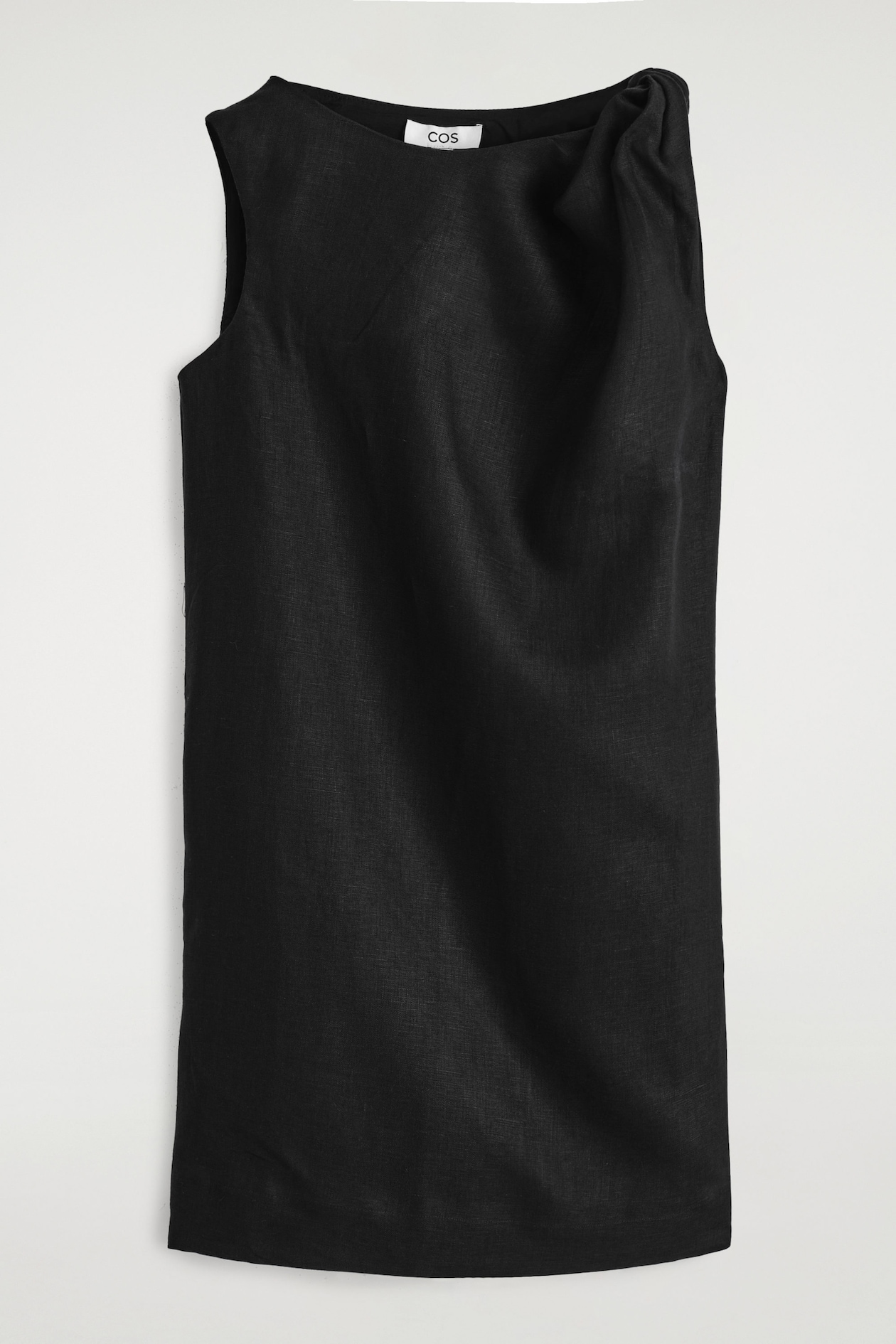 TWIST-DETAIL LINEN MINI DRESS — BLACK