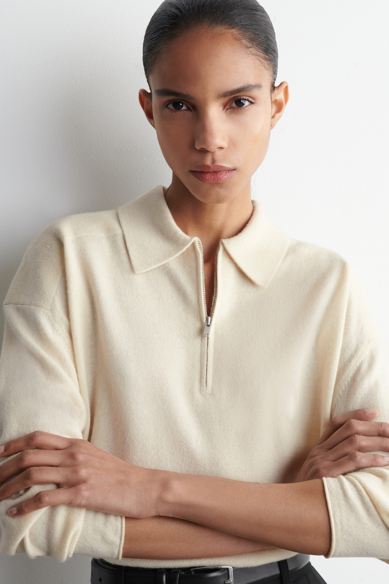 MERINO WOOL-YAK ZIP-UP POLO SHIRT — WHITE