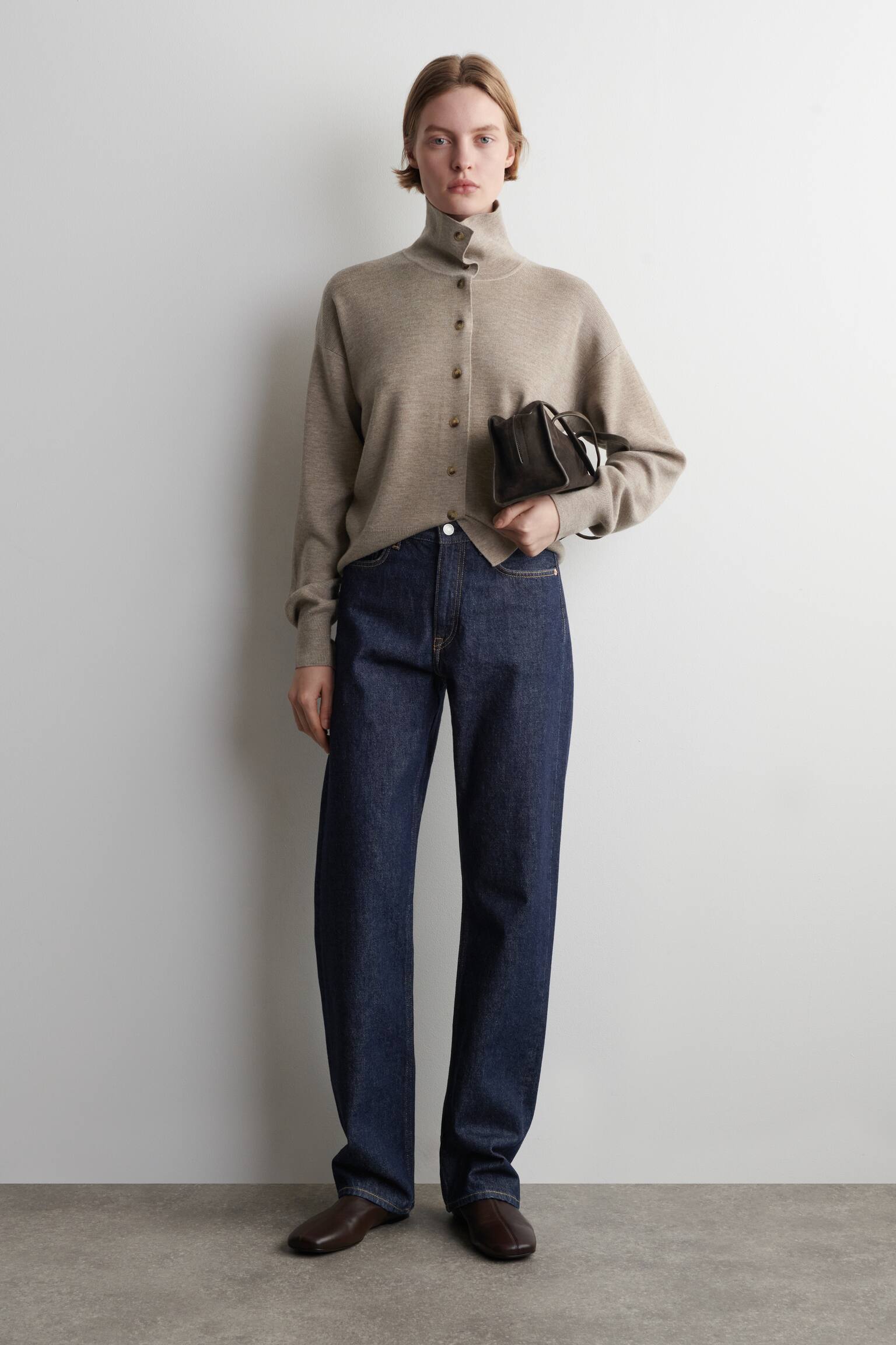 CARDIGAN À COL CHEMINÉE EN LAINE MÉRINOS - BEIGE CHINÉ/BLEU MARINE - 3