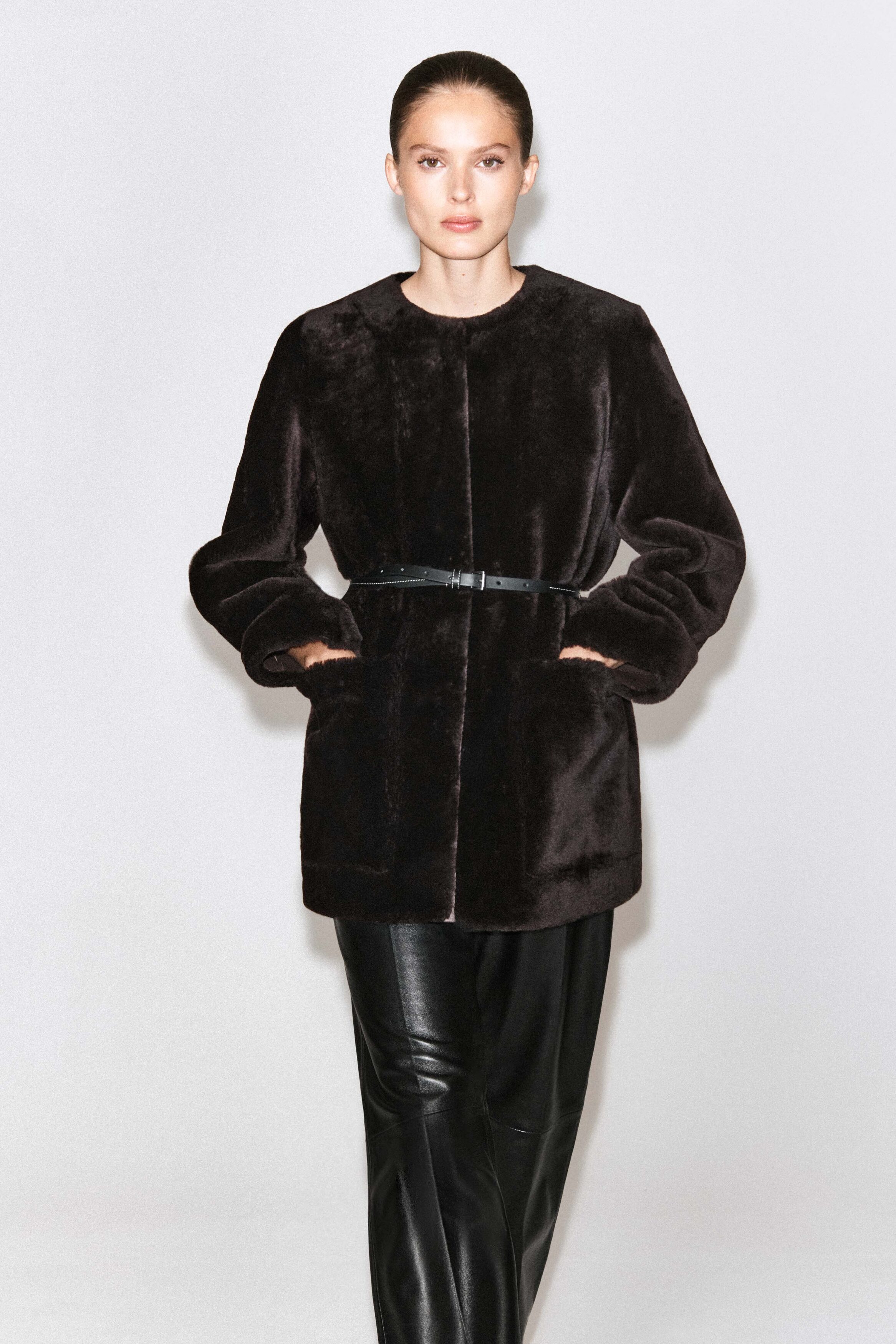 COLLARLESS SHEARLING JACKET - MAHOGANY | COS US