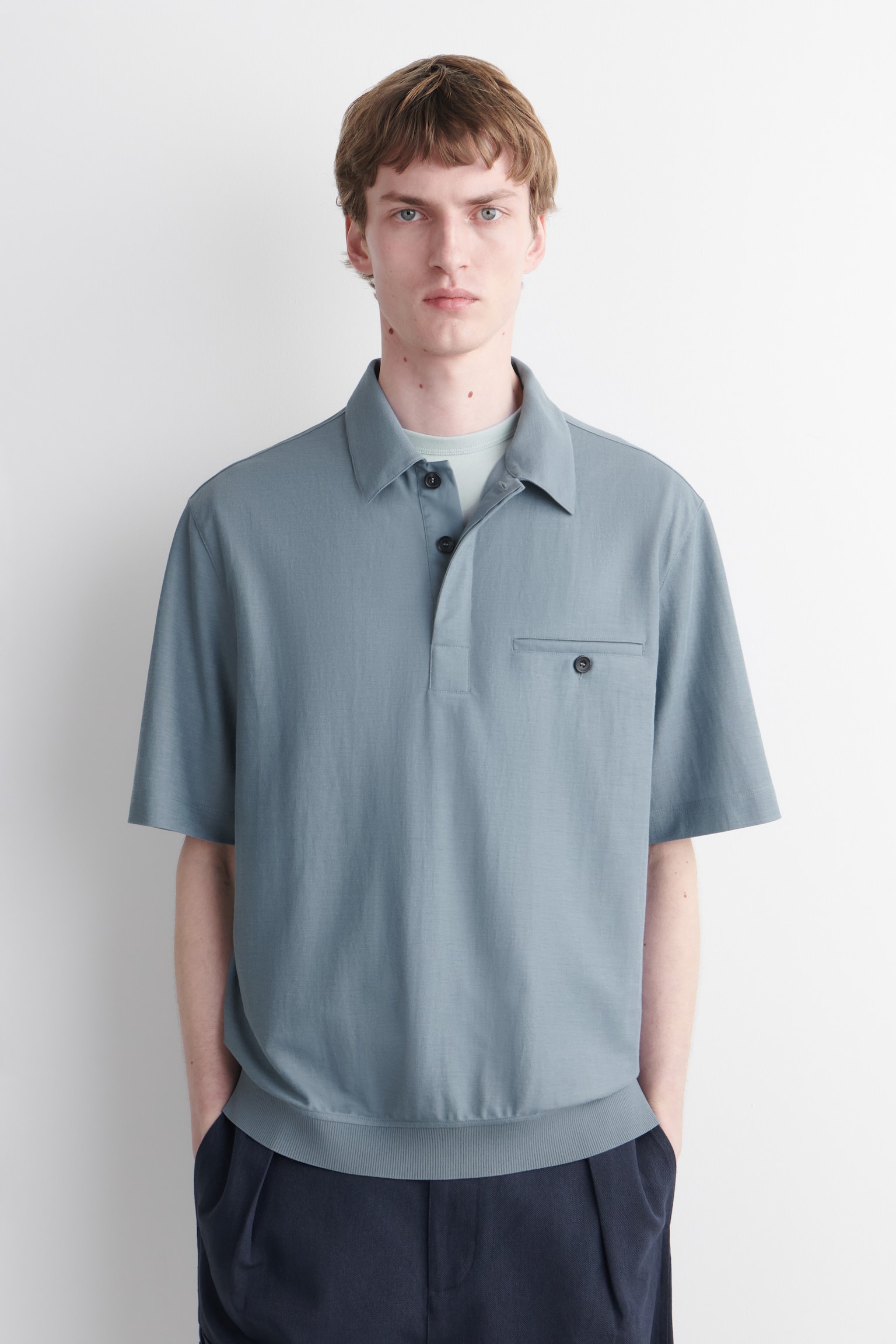 FLIESSENDES POLOHEMD AUS JERSEY - Blau/DUNKLES KHAKI - 1