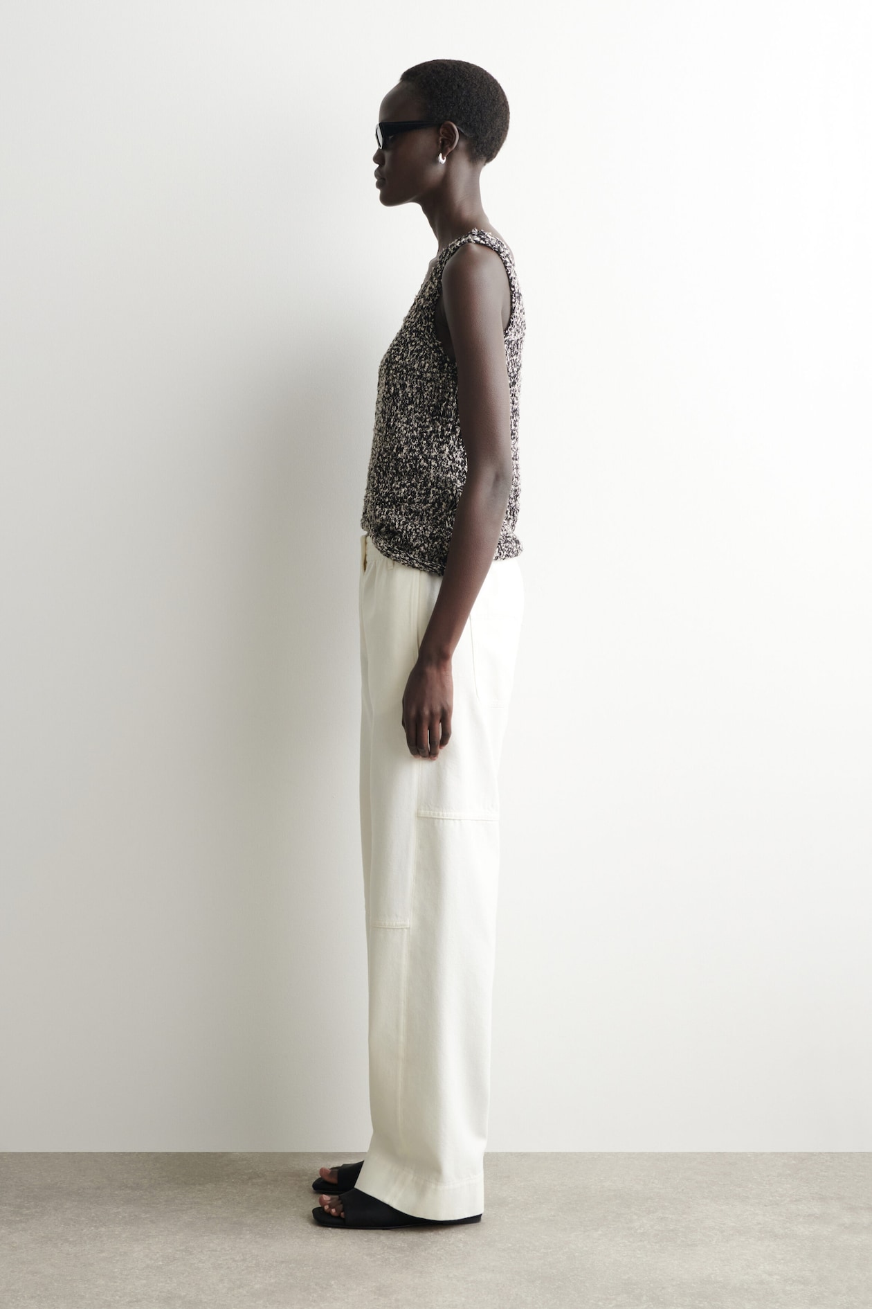 PANELED DENIM WIDE-LEG PANTS — WHITE