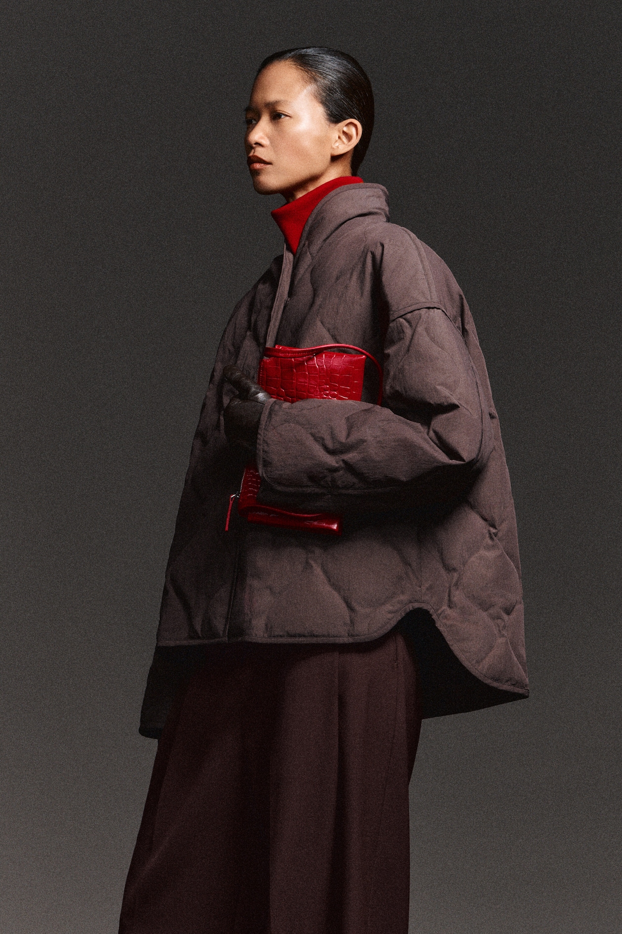 SHAWL-COLLAR QUILTED JACKET — BROWN