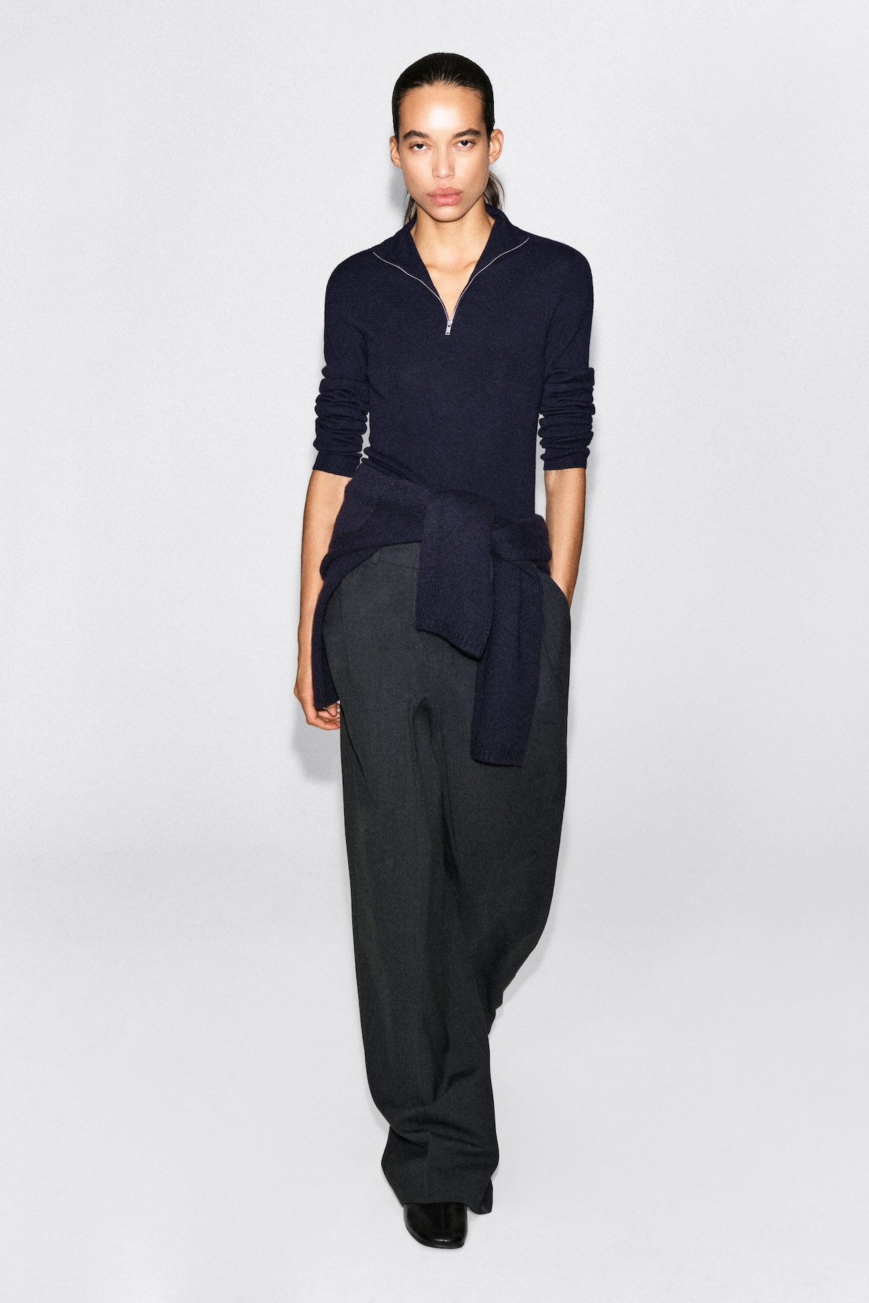 RELAXED TWILL WIDE-LEG PANTS — DARK GRAY