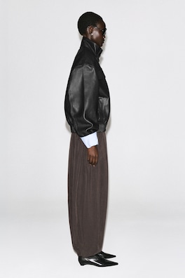 LEATHER MOCK-NECK BOMBER JACKET — BLACK 4