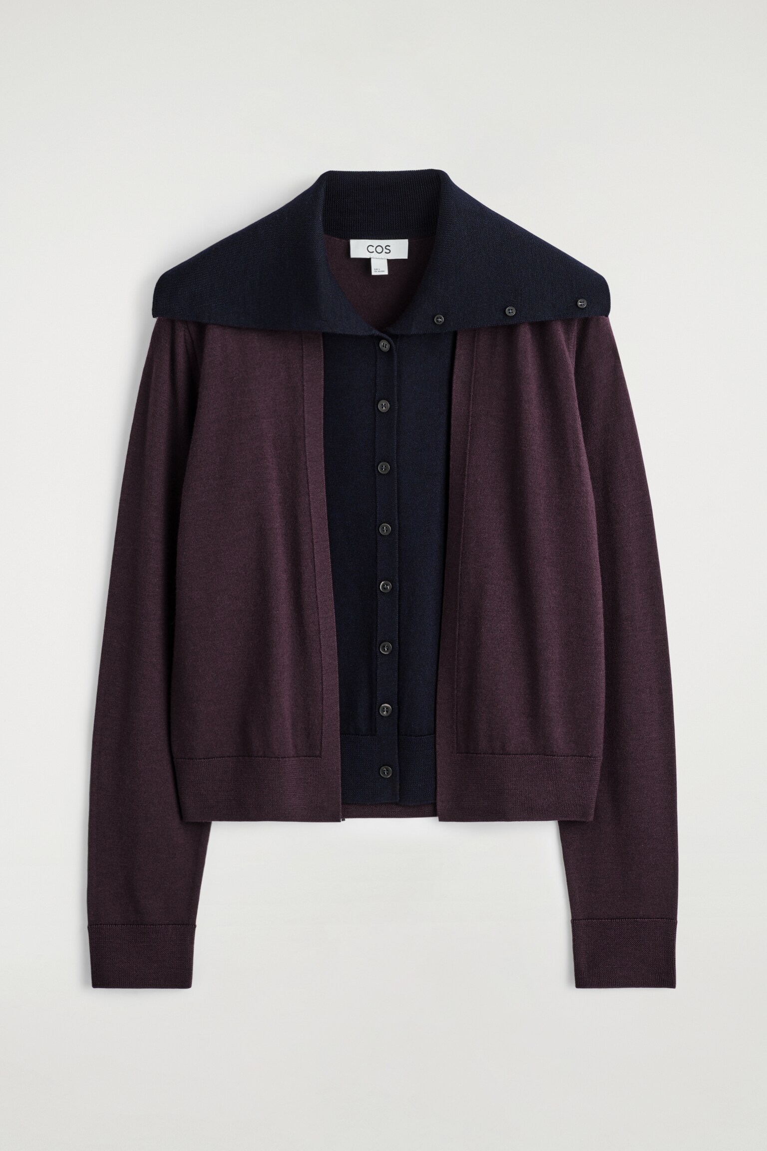 LAYERED MERINO WOOL HIGH-NECK CARDIGAN - BORDEAUX / NAVY/CAMEL - 1