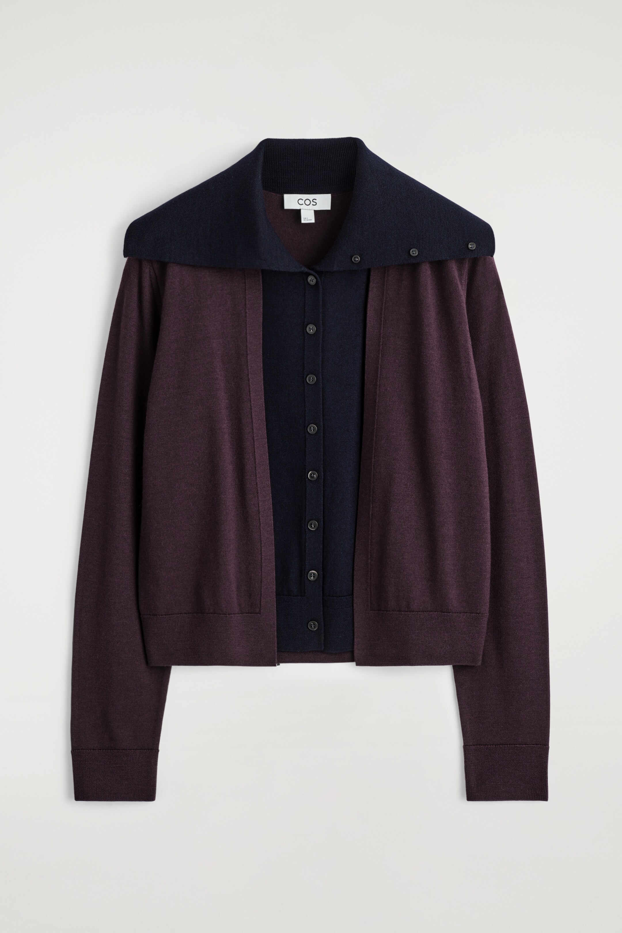 Ingrandisci l'immagine: LAYERED MERINO WOOL HIGH-NECK CARDIGAN - BORDEAUX / NAVY - DONNA | H&M CH 7