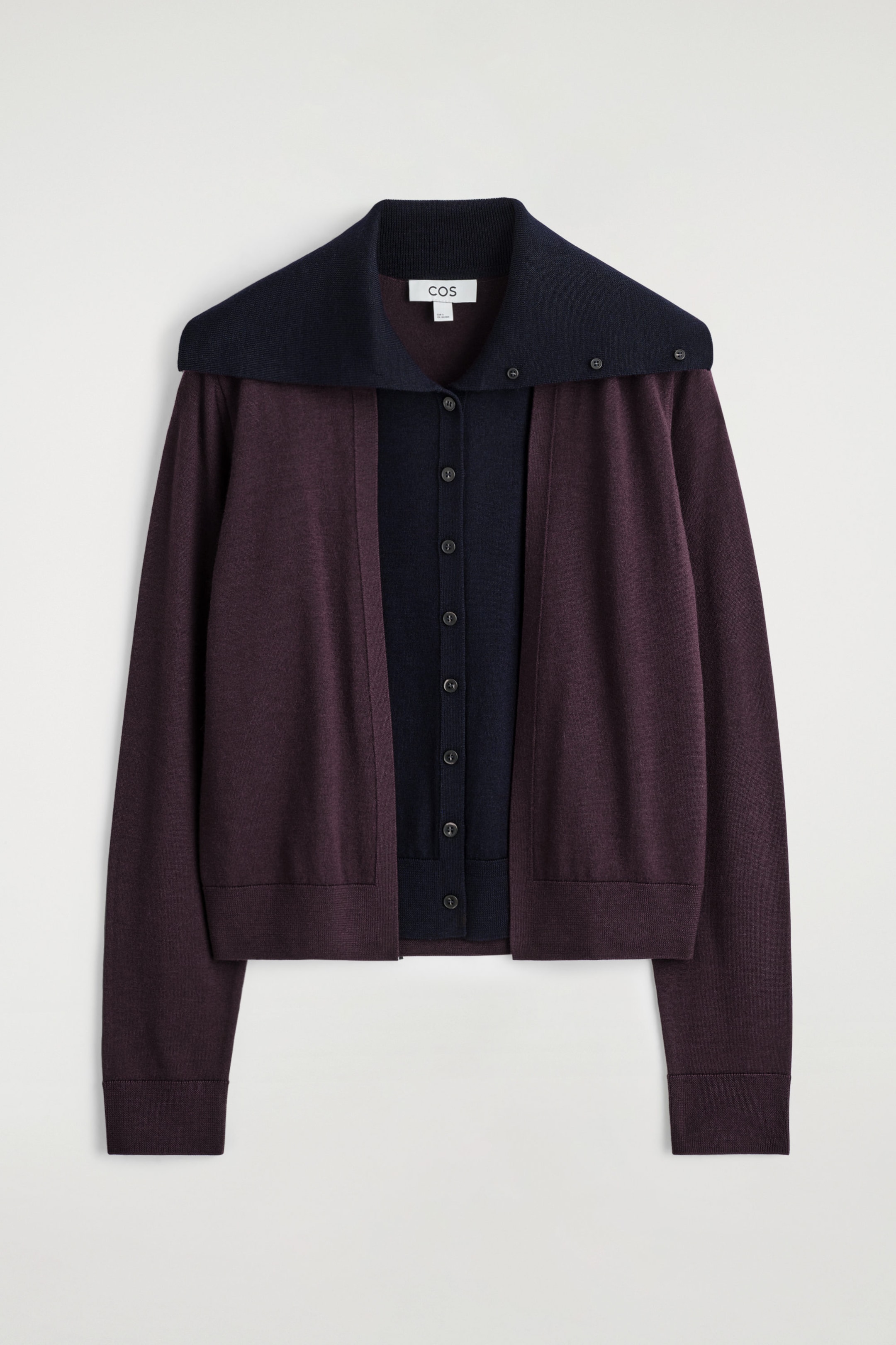 LAYERED MERINO WOOL HIGH-NECK CARDIGAN