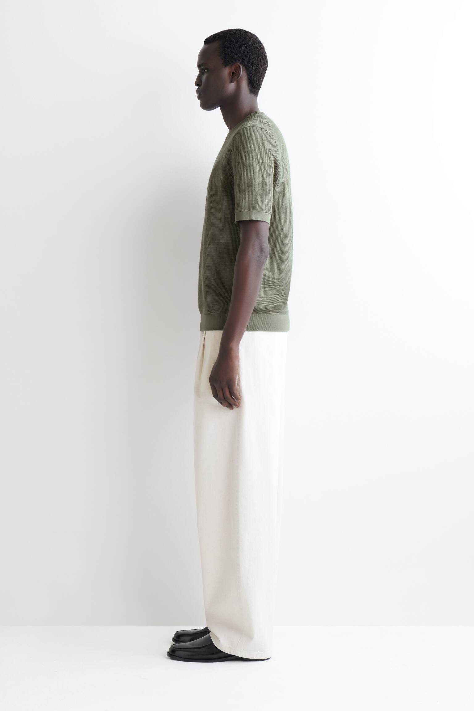 Vohvelineuloksinen puuvillainen t-paita - Khaki/Luonnonvalkoinen - 5