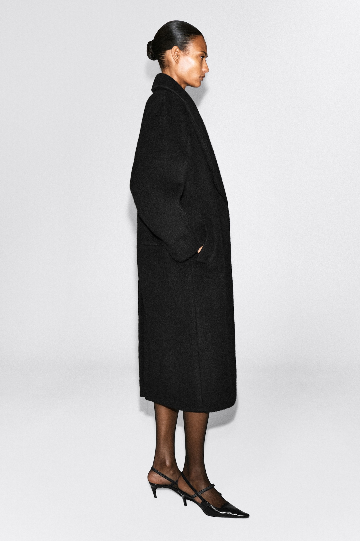 BRUSHED WOOL MAXI COAT — BLACK