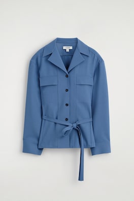 BELTED MERINO WOOL BLEND UTILITY SHIRT — BLUE 7