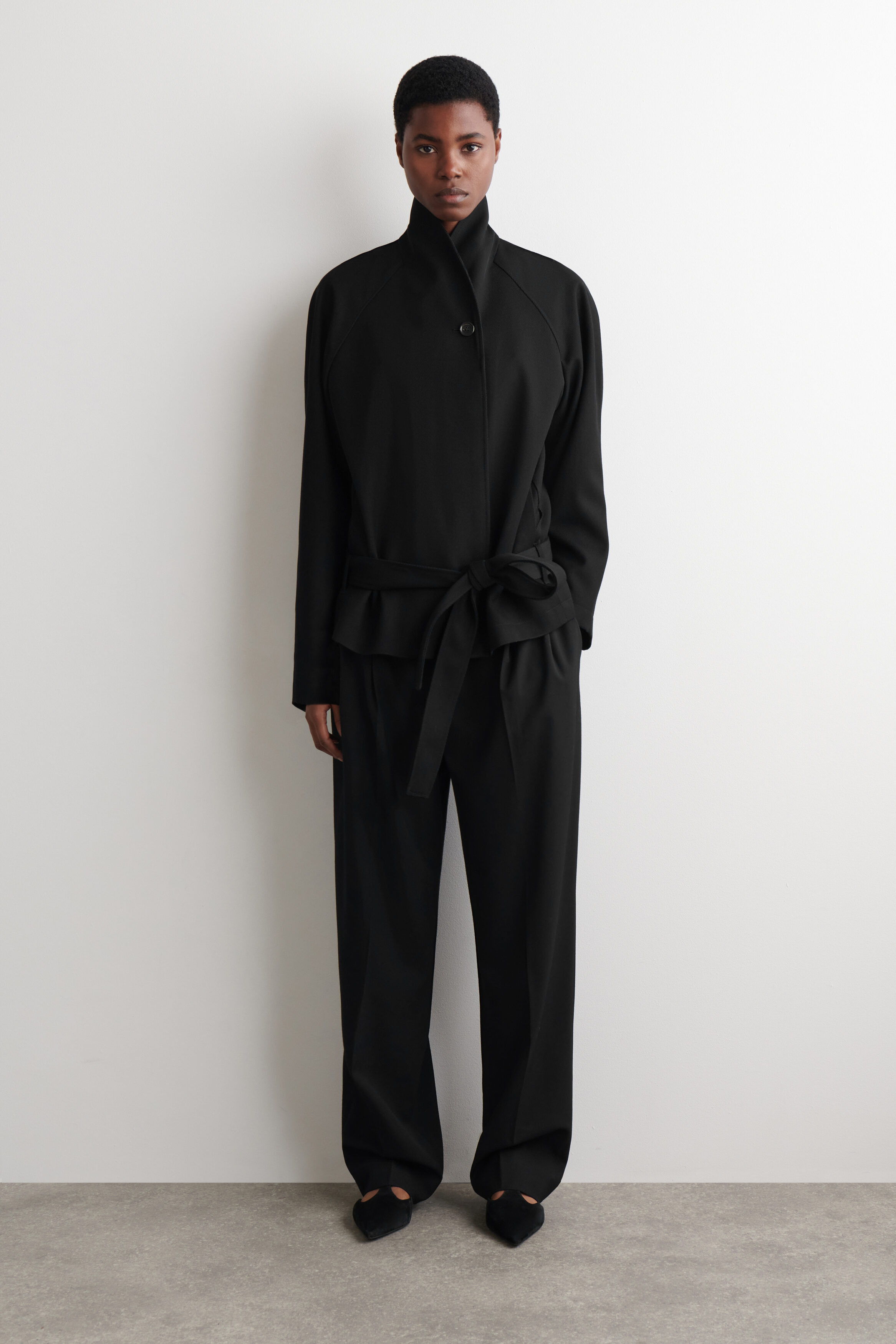 BELTED WOOL-BLEND SHAWL-COLLAR JACKET - BLACK | COS