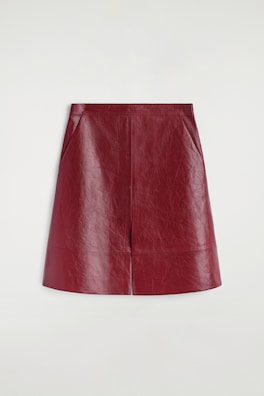 PLEATED TEXTURED-LEATHER MIDI SKIRT — CRIMSON 6