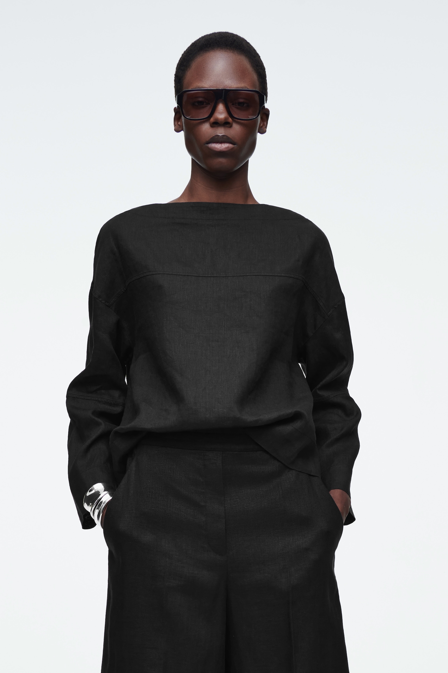 BLOUSE AVEC DÉTAIL À NOUER EN LIN - NOIR/BLANC - 1