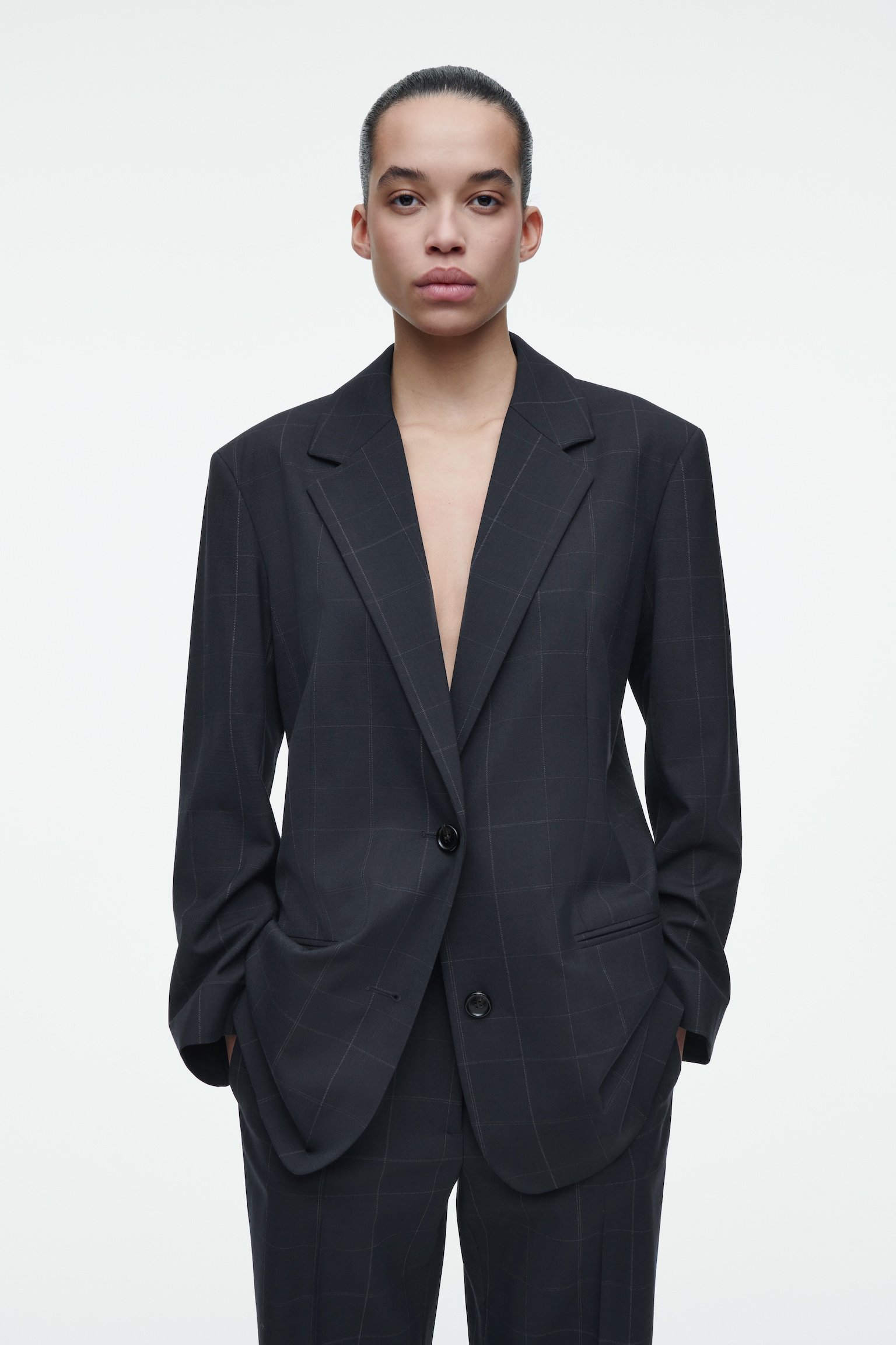 OVERSIZED WINDOWPANE-CHECK BLAZER - NAVY / CHECKED