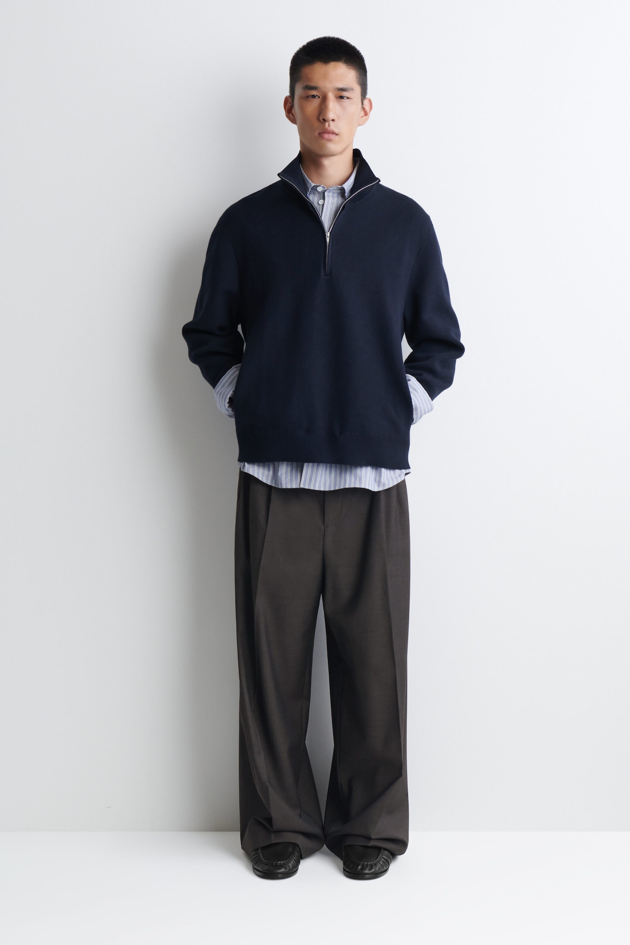 DOUBLE-FACED KNITTED HALF-ZIP JUMPER — NAVY