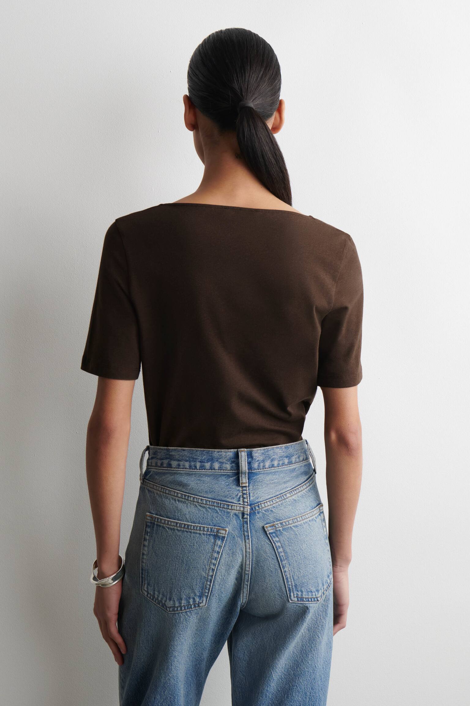 T-SHIRT SLIM IN COTONE CON SCOLLO ROTONDO - MARRONE MÉLANGE/BLU NAVY/AVORIO - 3