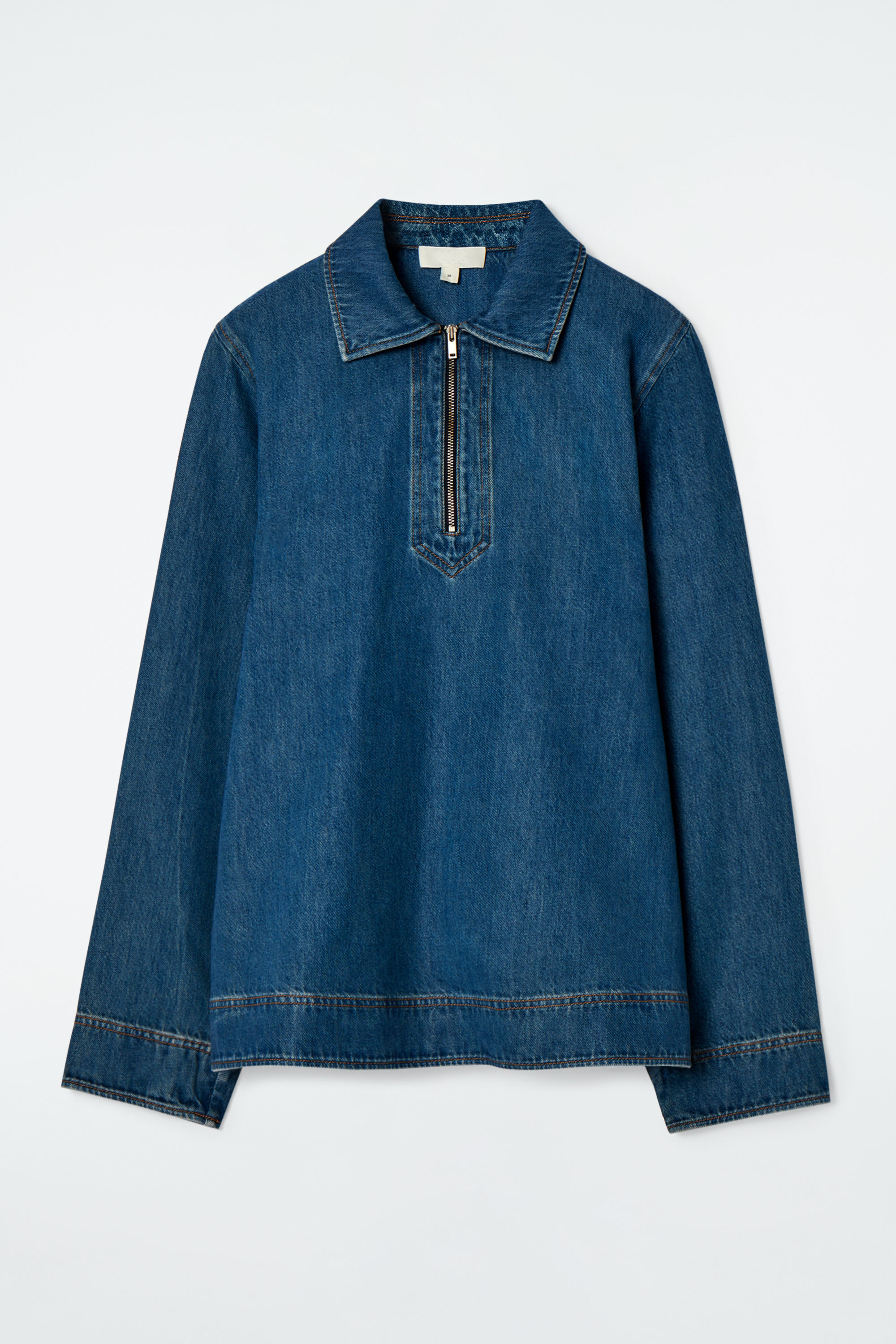 【DISCERNMENT】Moa Linen Denim Half Shirt Grandad Collar Half Placket Denim Shirt | Indigo | TOAST