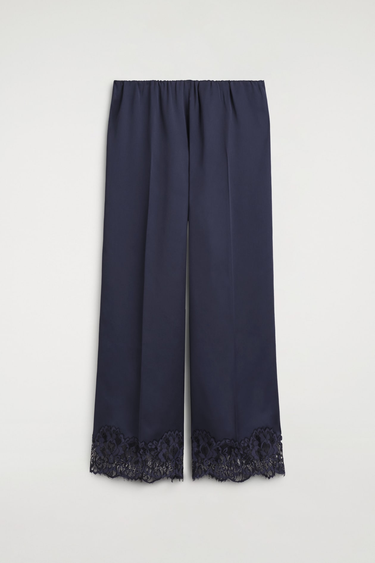 LACE-TRIMMED SATIN PANTS — NAVY