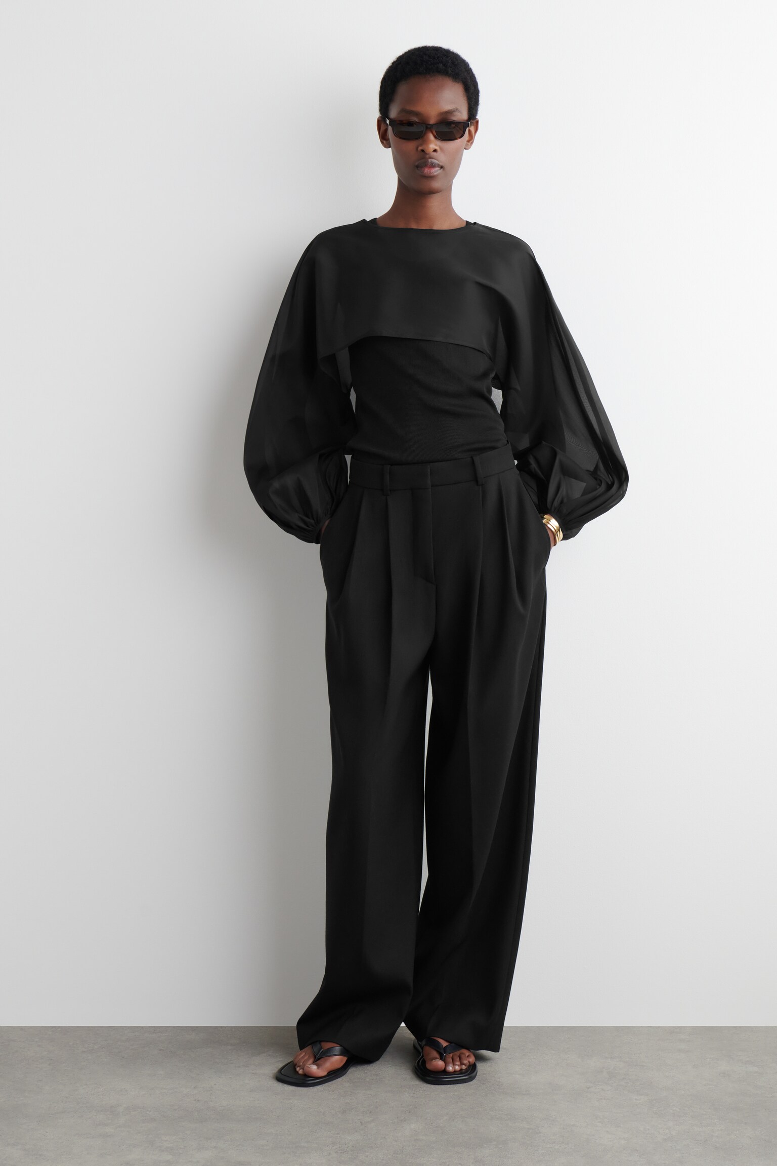 BALLOON-SLEEVE SHEER SILK HYBRID - BLACK - 7