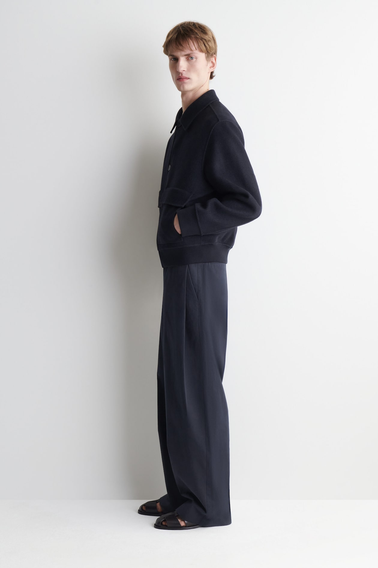DOUBLE-FACED WOOL-BLEND BOMBER JACKET — NAVY