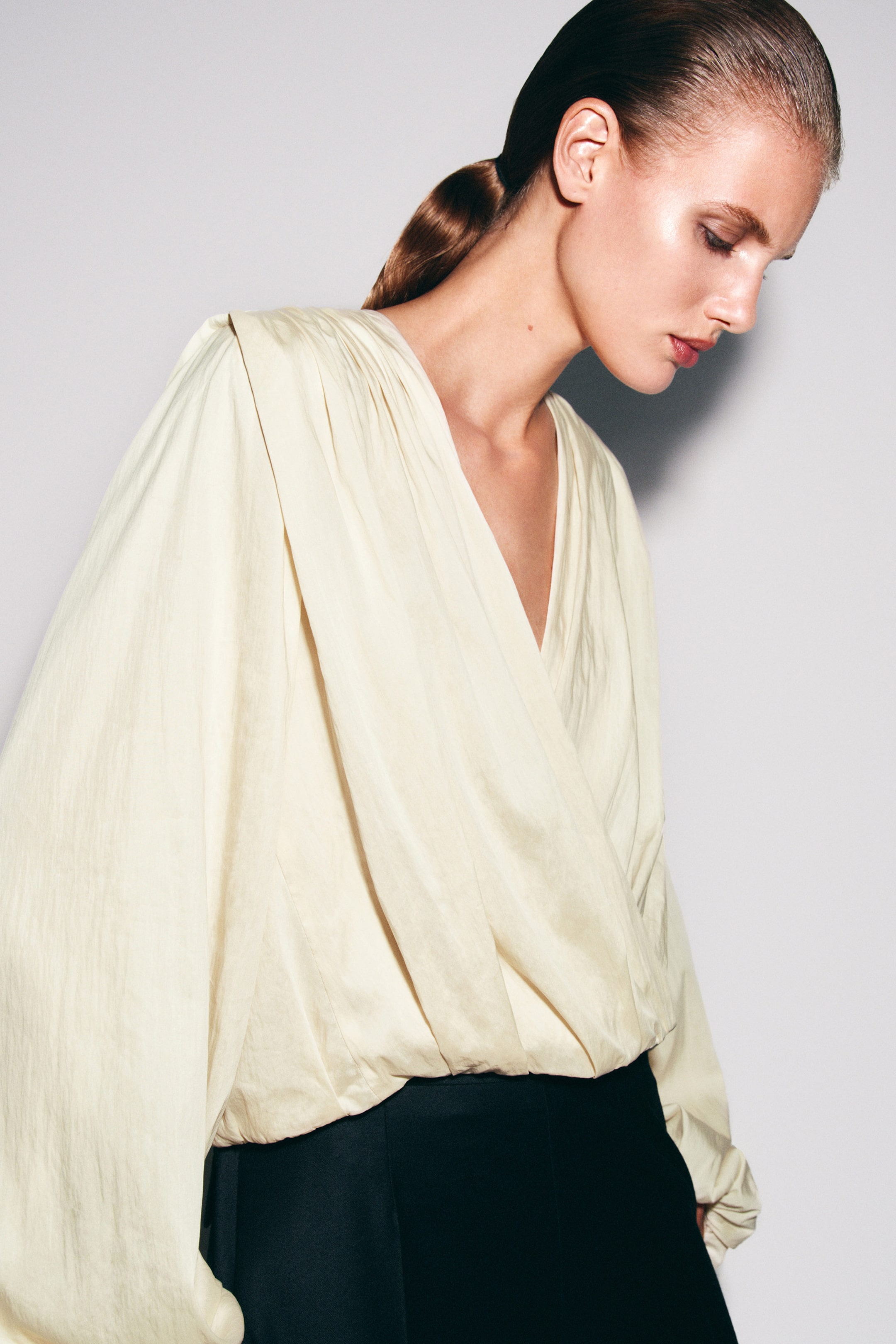 GATHERED WRAP-OVER BLOUSE