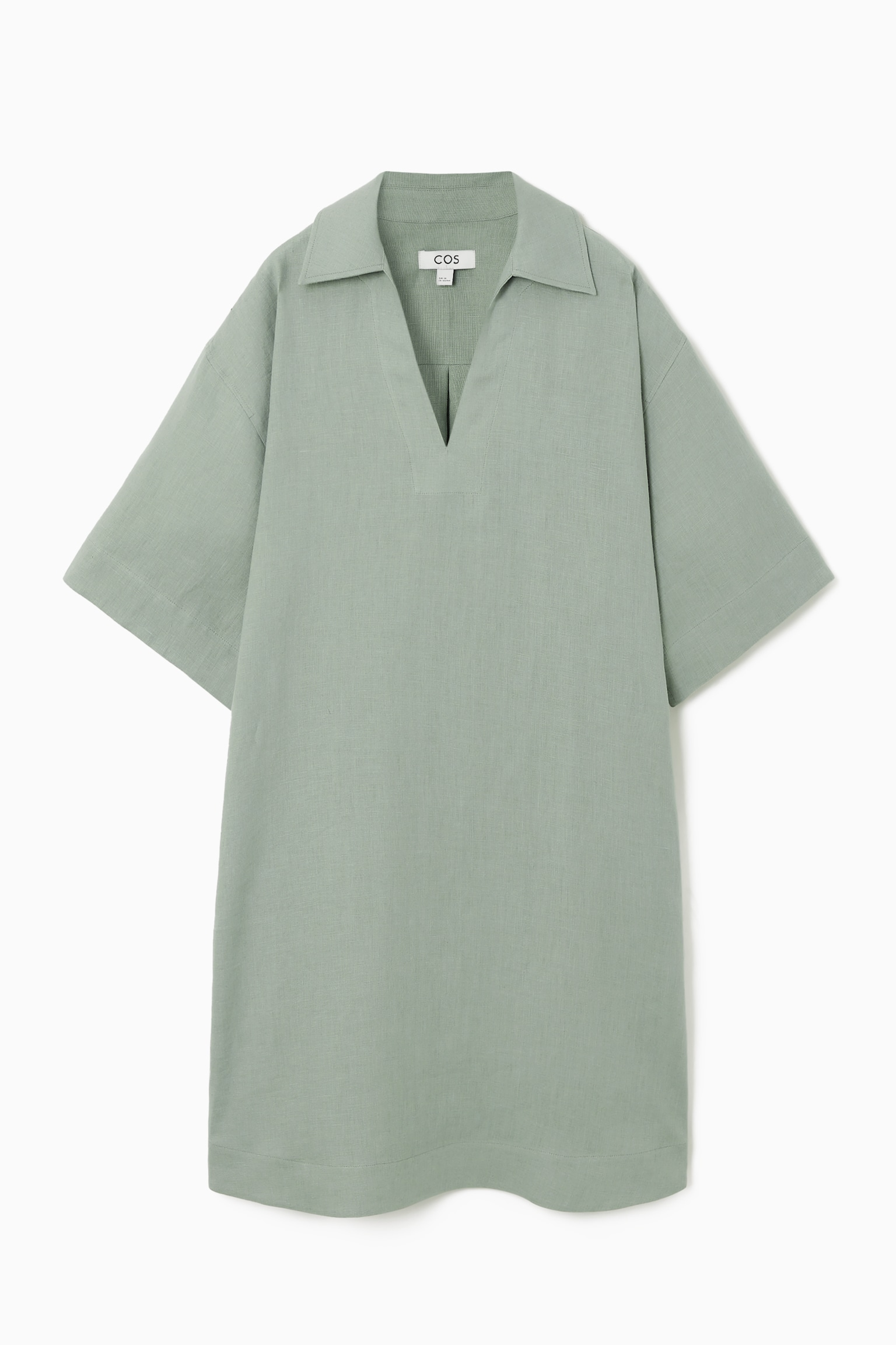 OPEN-COLLAR LINEN SHIRT DRESS - SAGE GREEN/BLACK