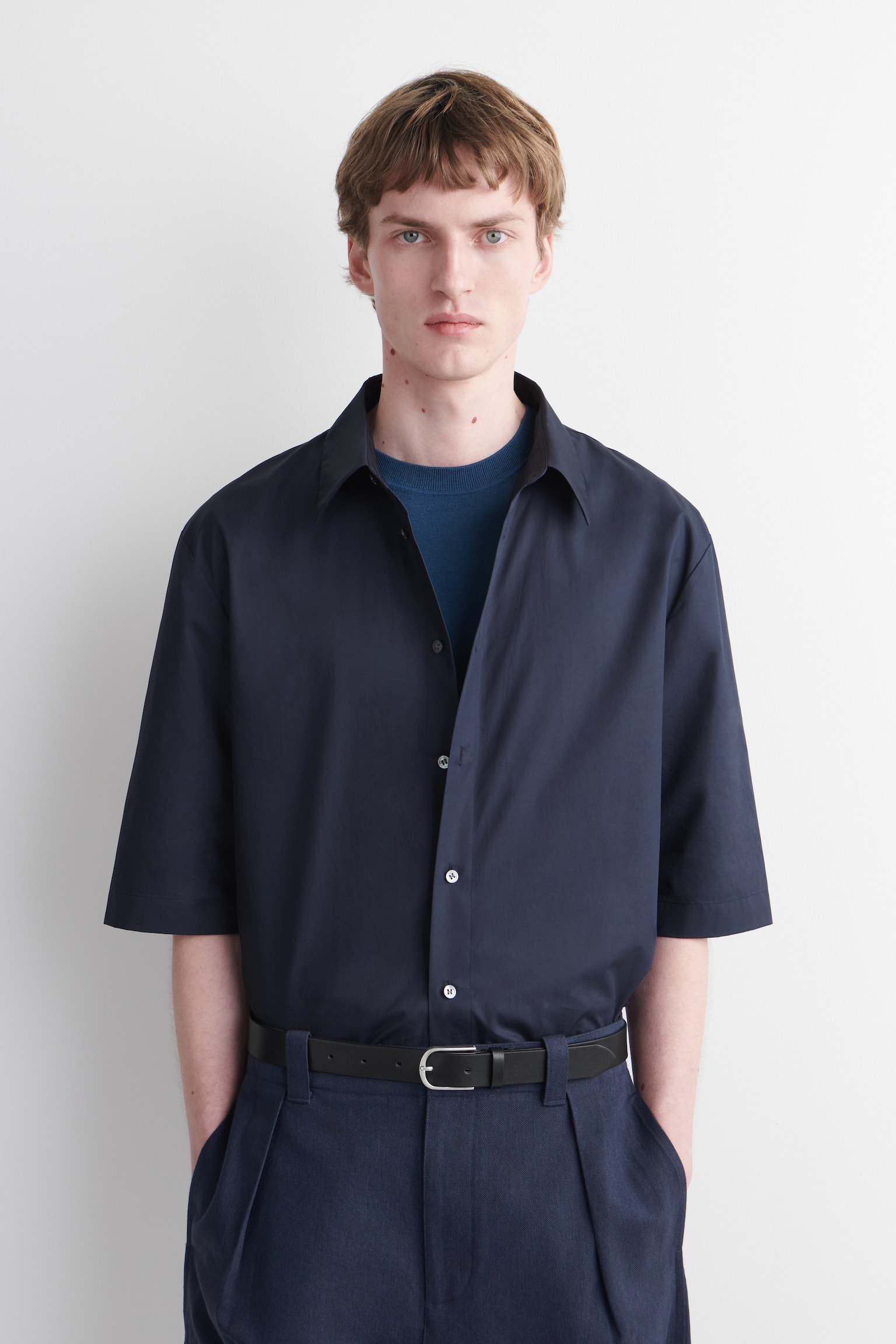 Katoenen shirt met korte mouwen - MARINEBLAUW/WIT - 1