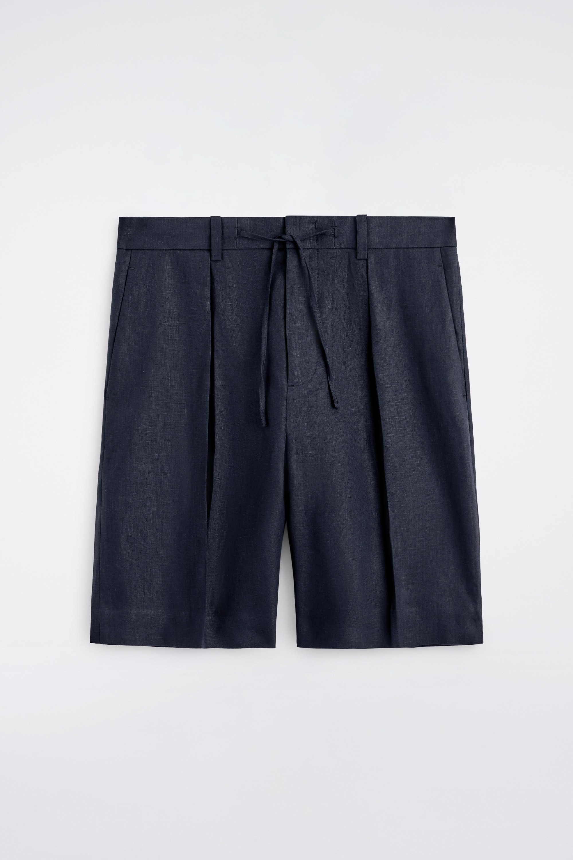 PANTALONI SCURȚI DIN IN, PLISAȚI, CU CORDON - BLEUMARIN/MARO