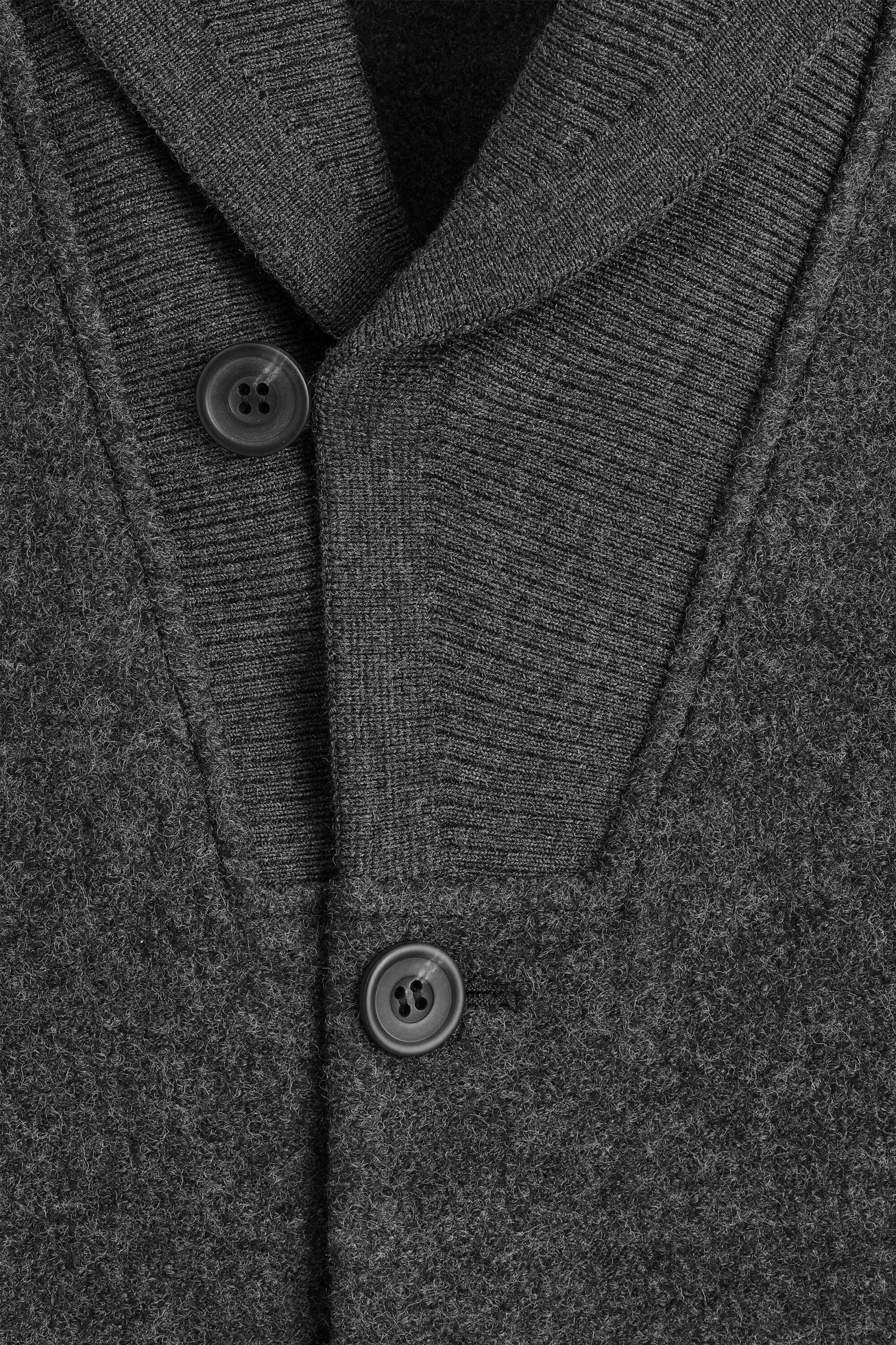 A close-up front view of the boiled-wool shawl-collar jacket showing its textured, dark gray felted fabric and a ribbed-knit shawl collar. The jacket features two dark gray, four-hole buttons fastening the front placket. A close-up front view of the boiled-wool shawl-collar jacket showing its textured, dark gray felted fabric and a ribbed-knit shawl collar. The jacket features two dark gray, four-hole buttons fastening the front placket.