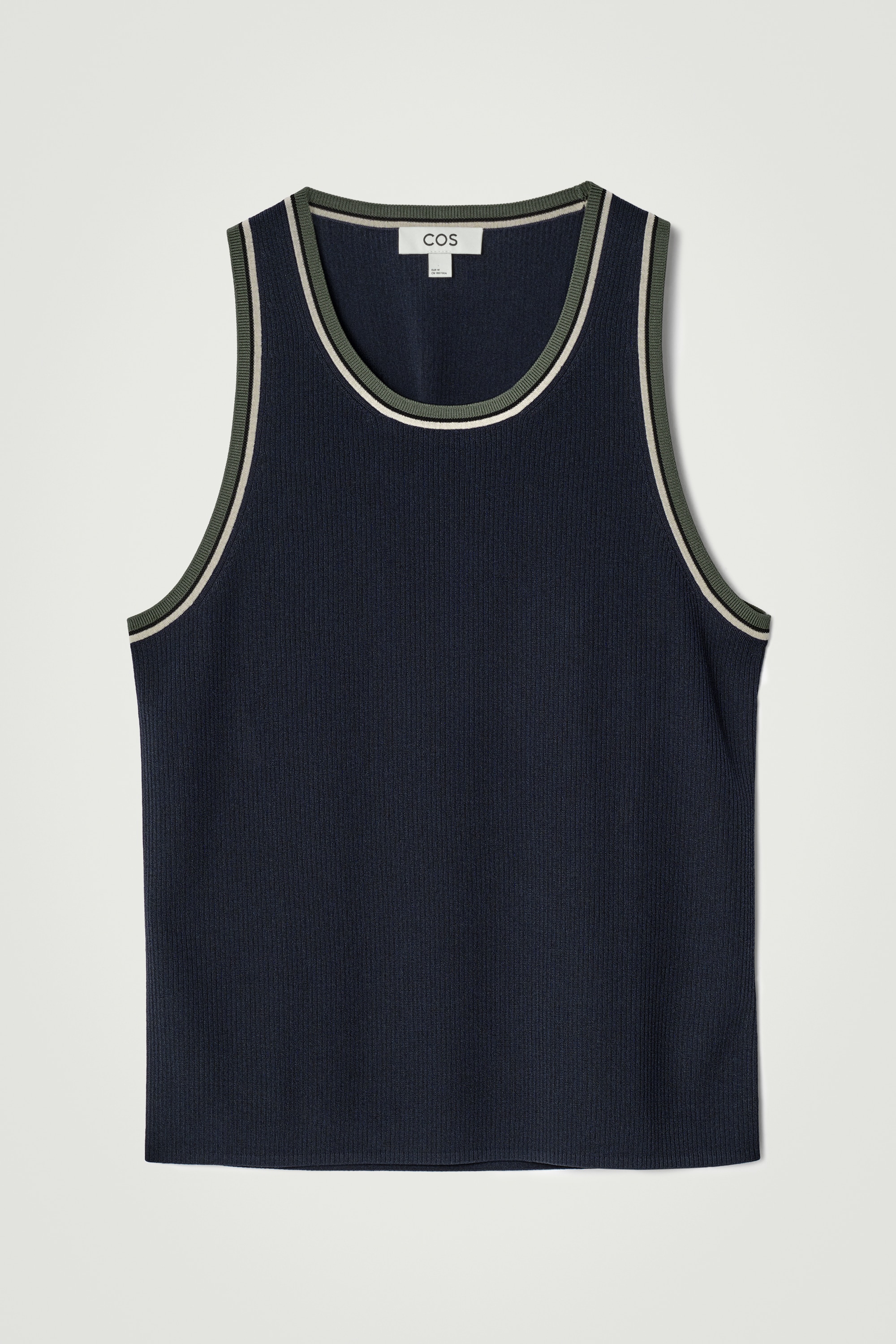 Top cu bretele din material reiat, cu garnitură contrastantă - MARINĂ/ALB