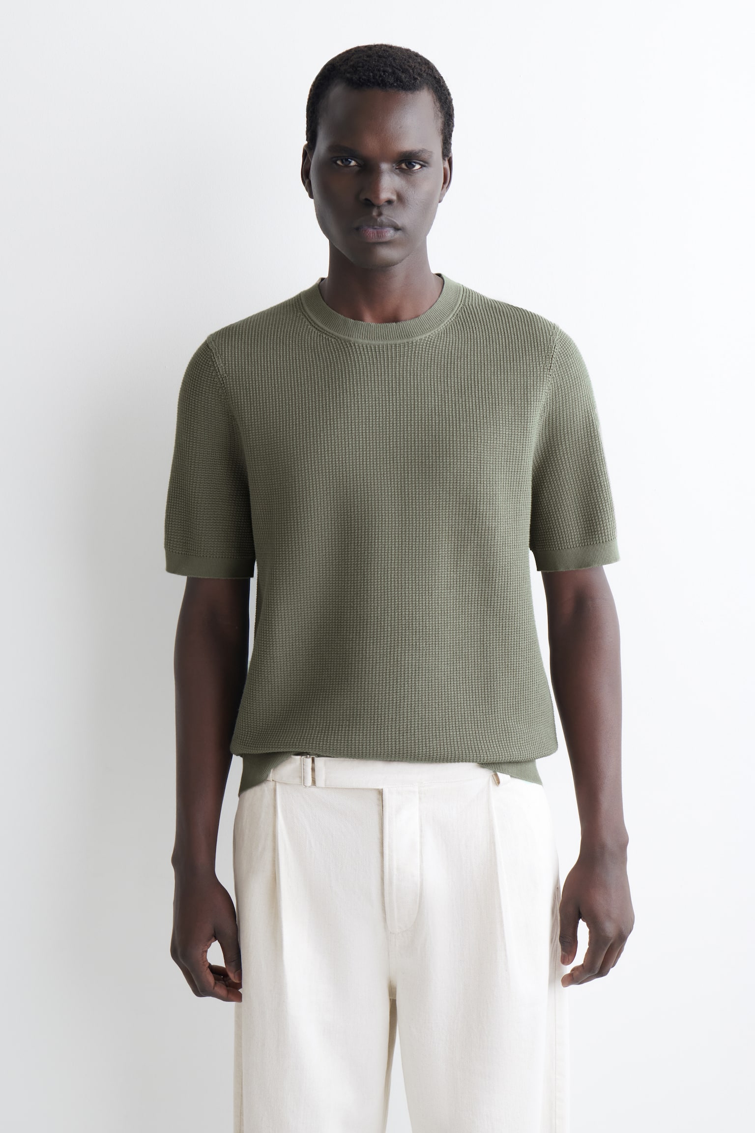 Vohvelineuloksinen puuvillainen t-paita - Khaki/Luonnonvalkoinen - 1