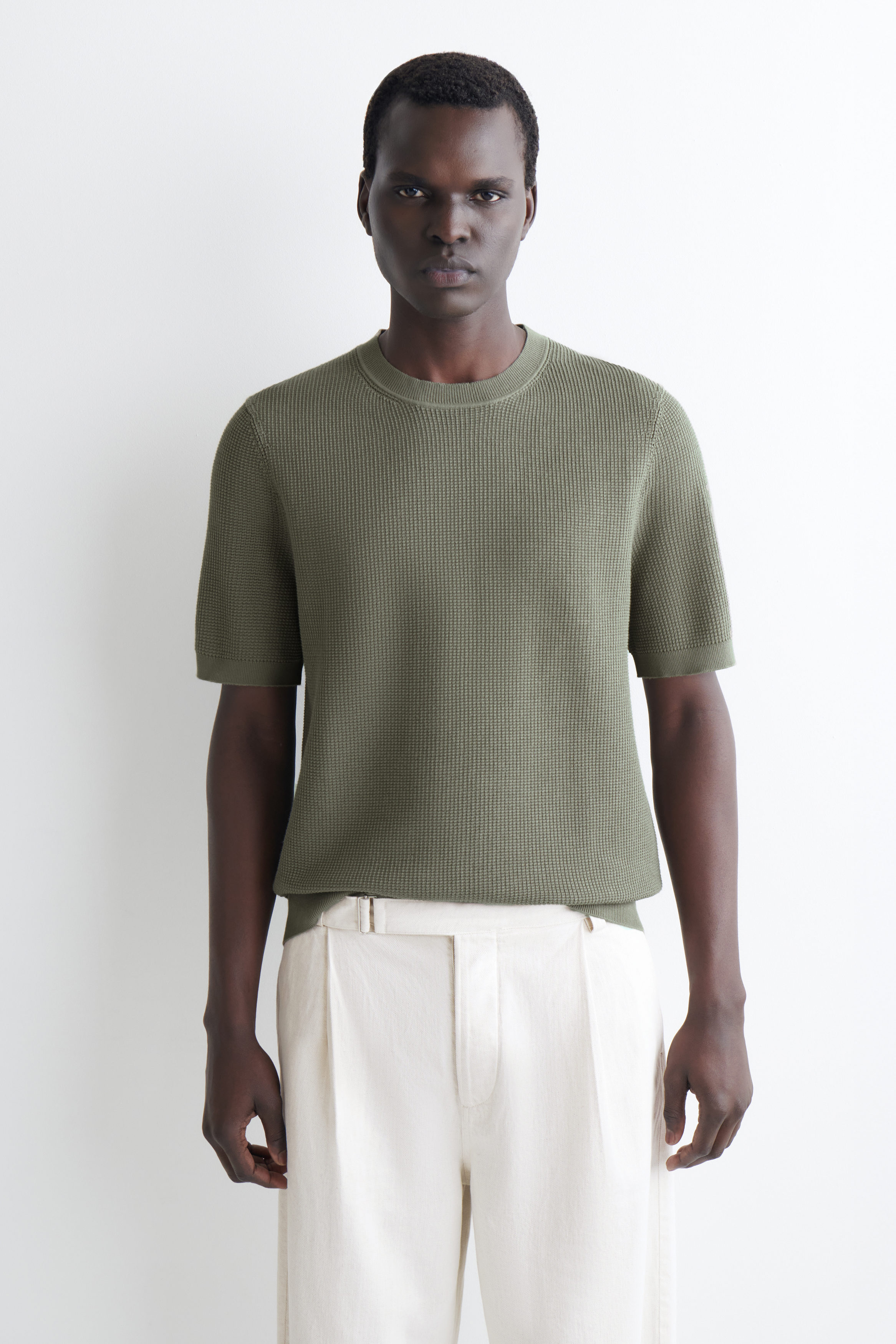 WAFFLE-KNIT COTTON T-SHIRT - KHAKI | COS US