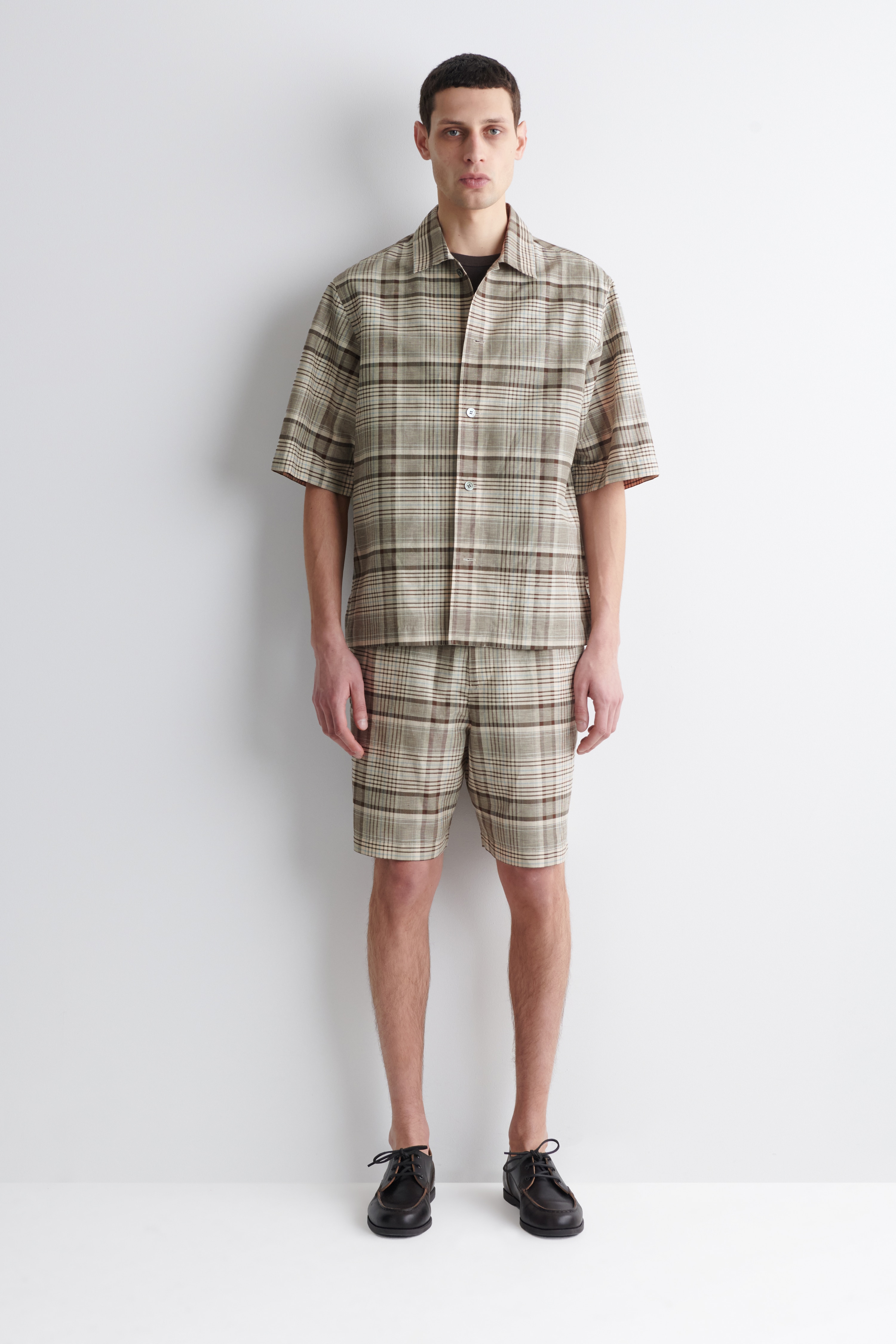 SHORTS A QUADRI IN MISTO LINO - BEIGE / QUADRI