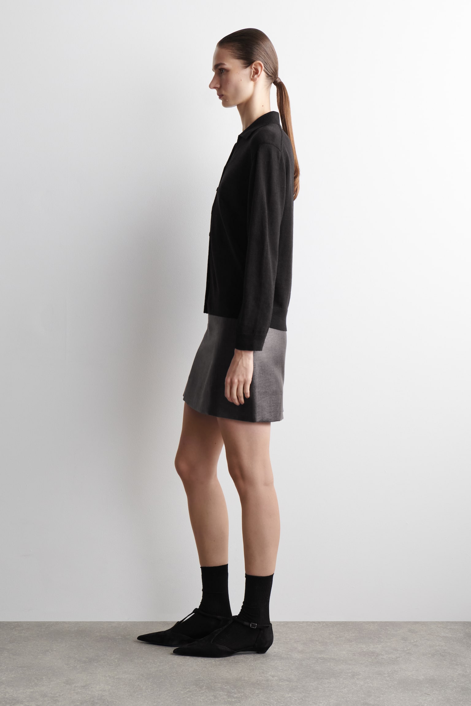 CAMICIA IN MAGLIA DI LINO E LANA MERINO - NERO/PIETRA MÉLANGE - 7