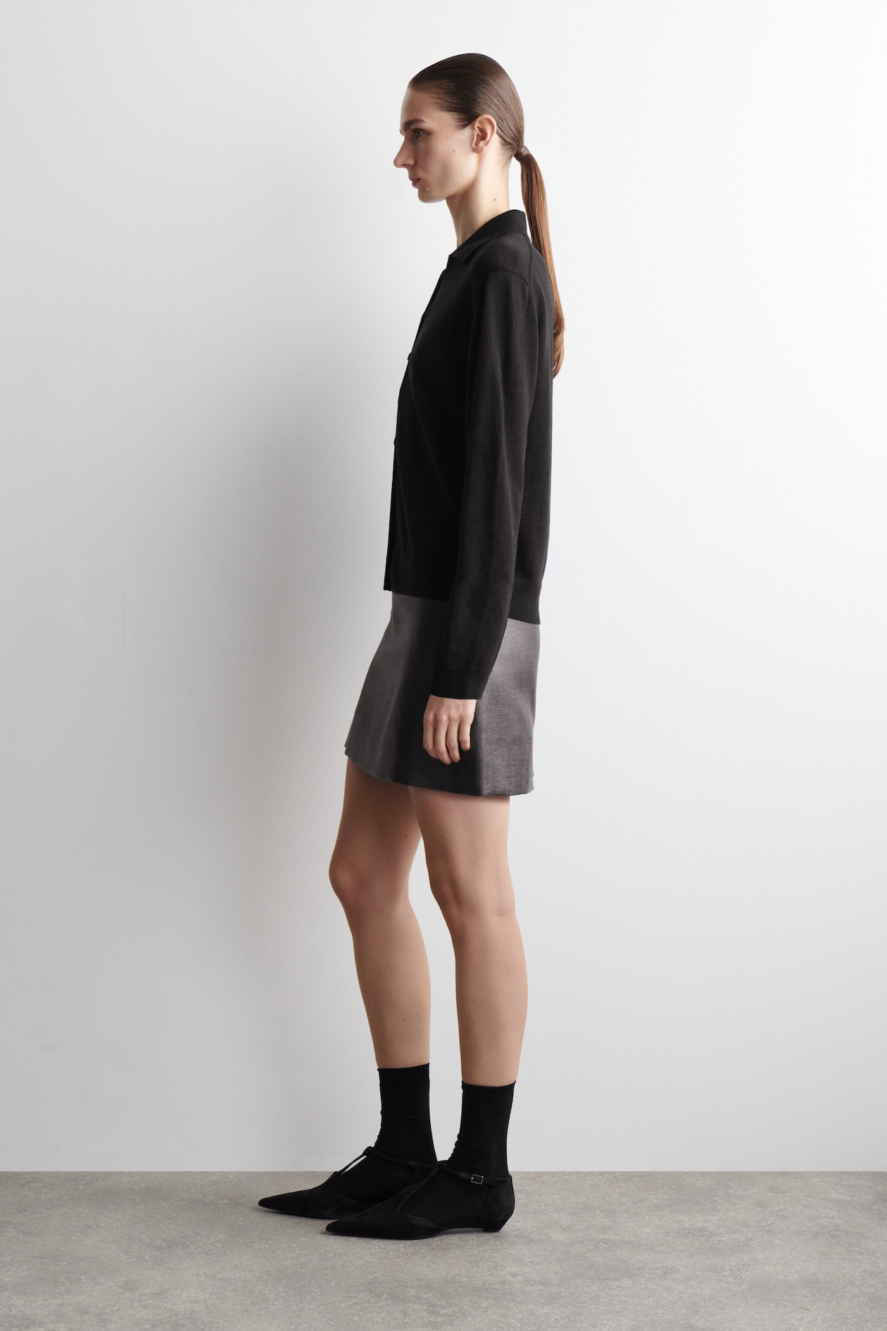 KNITTED LINEN-MERINO SHIRT — BLACK