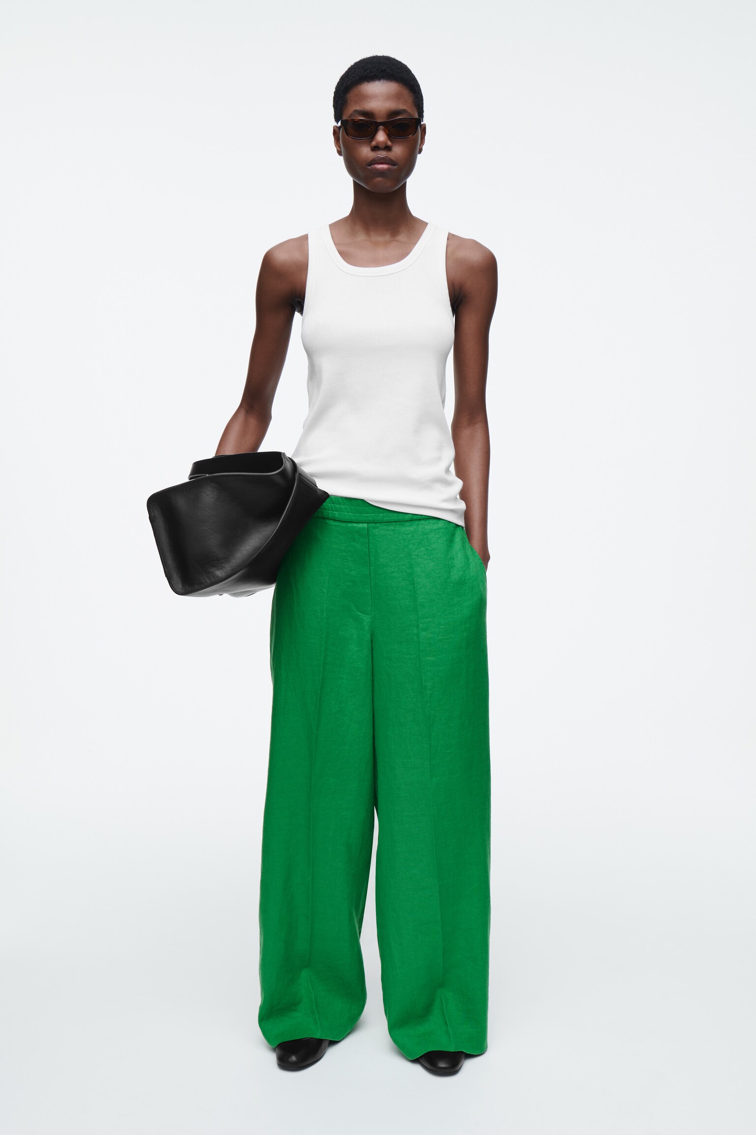 STRAIGHT-LEG TAILORED LINEN TROUSERS - GREEN/BUTTER YELLOW