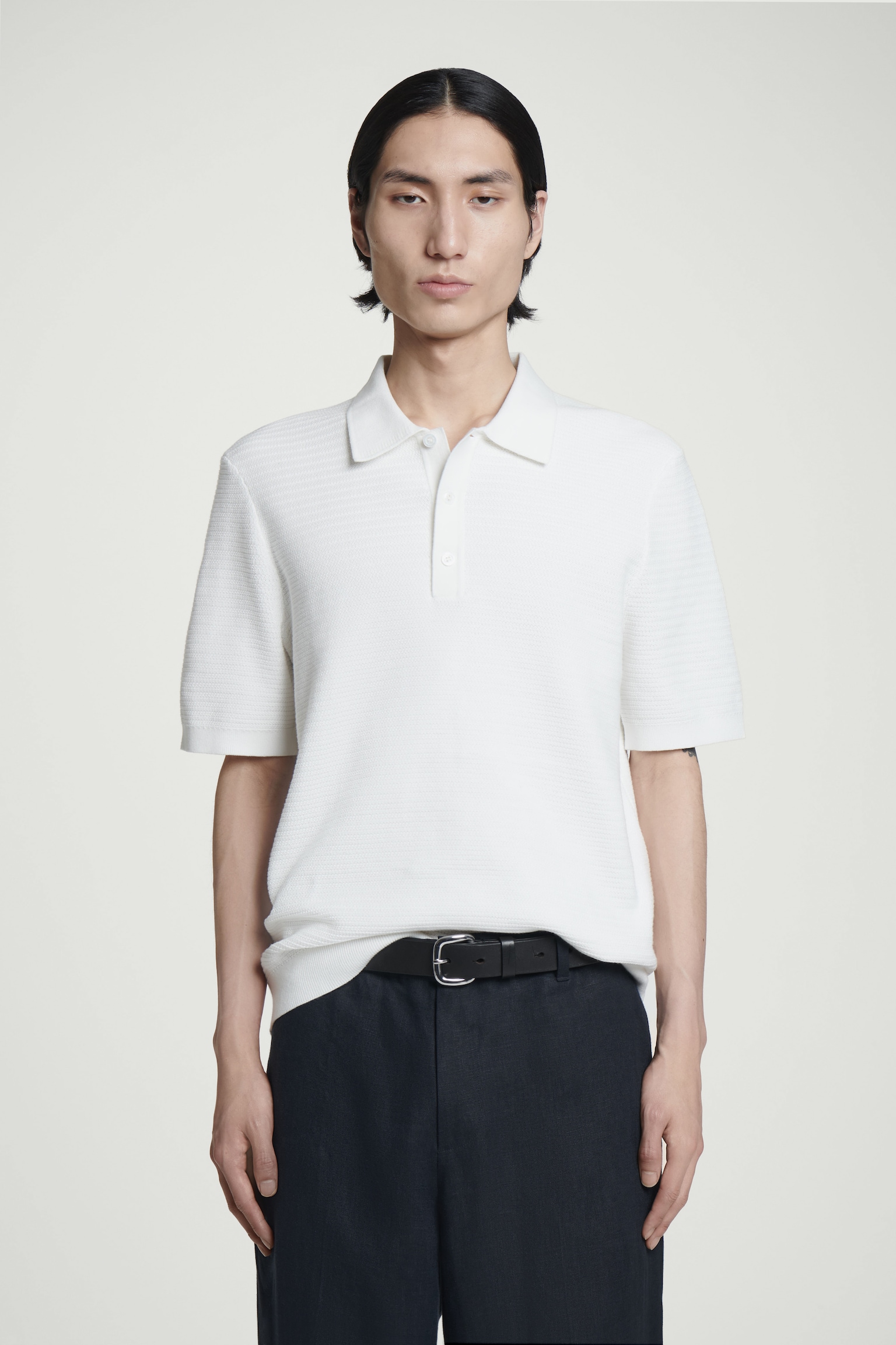 POLO EN MAILLE DE COTON TEXTURÉE - BLANC/NOIR/BLEU MARINE/VERT/TAUPE