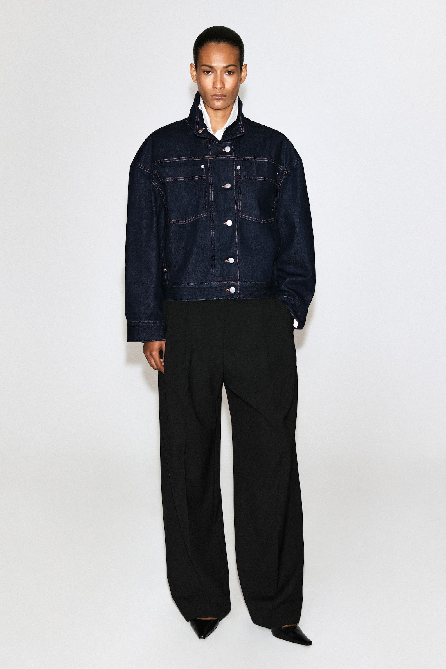 FUNNEL-NECK DENIM JACKET - INDIGO - 1